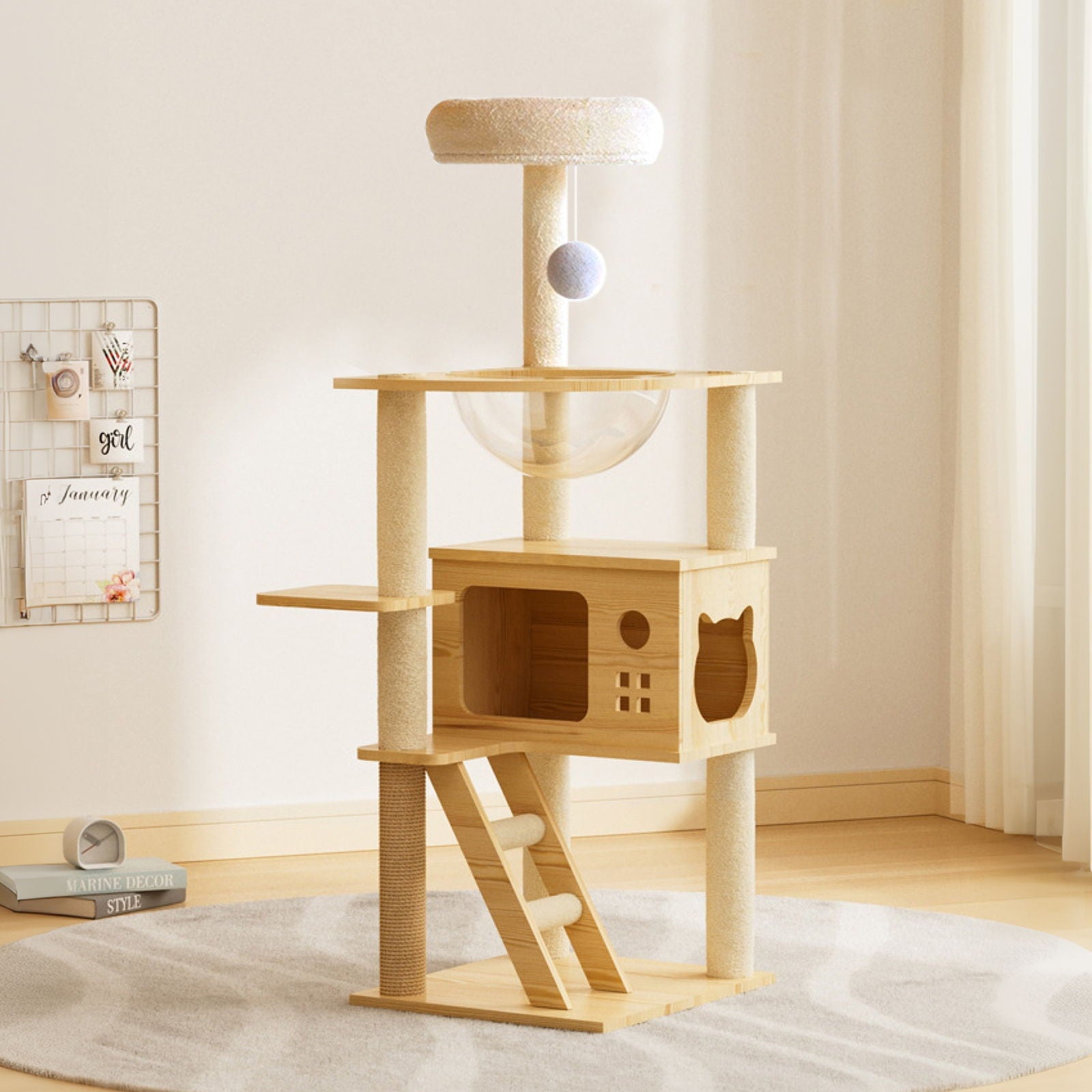 Modern Cat Tower, Wood Cat Tree Tower For Indoor Cats, Cat Tree With Sisal Covered Scratching Posts And Top Perch - Natural / White
