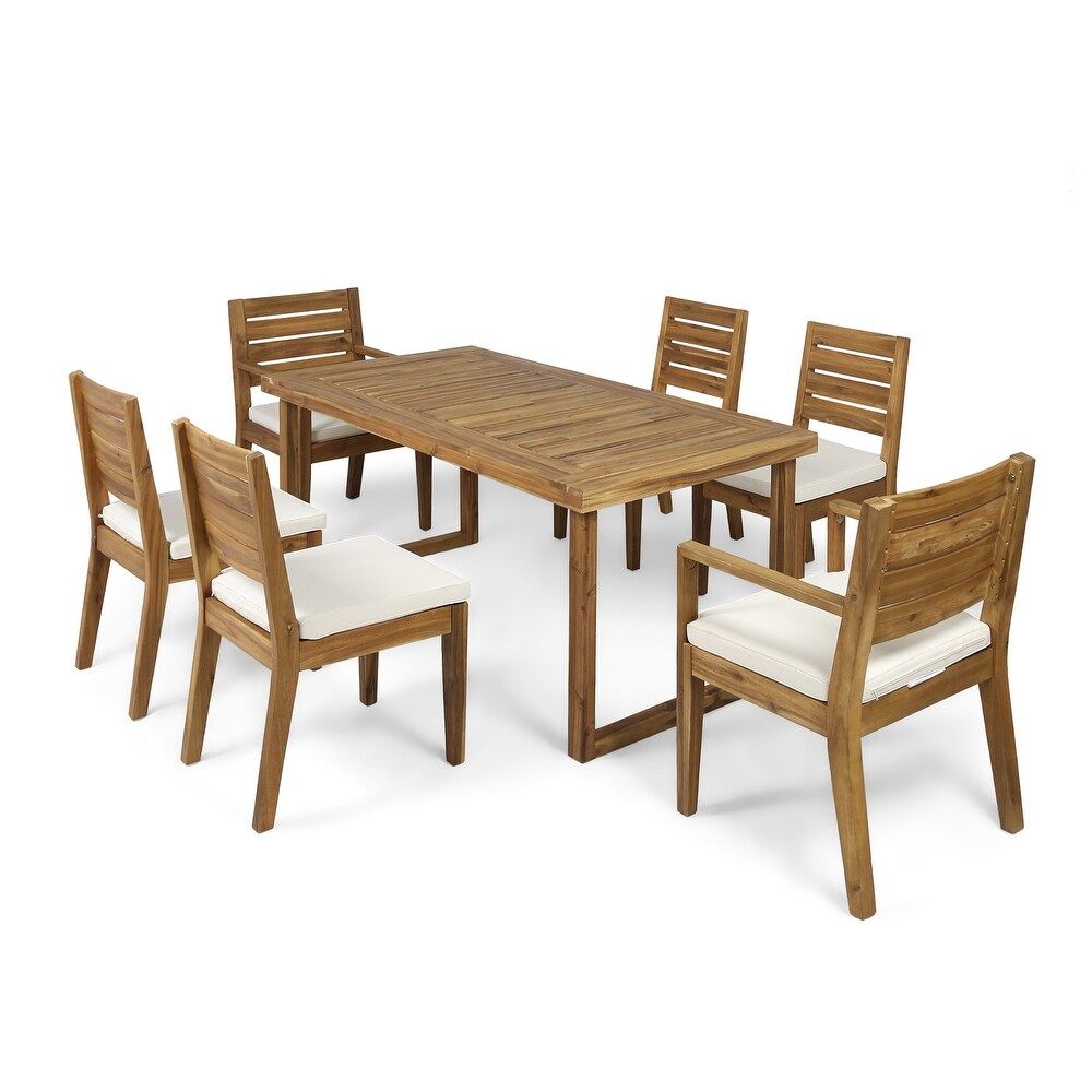 Outdoor 7 Piece Dining Set With Cushions - Sandblasted Natural / Beige