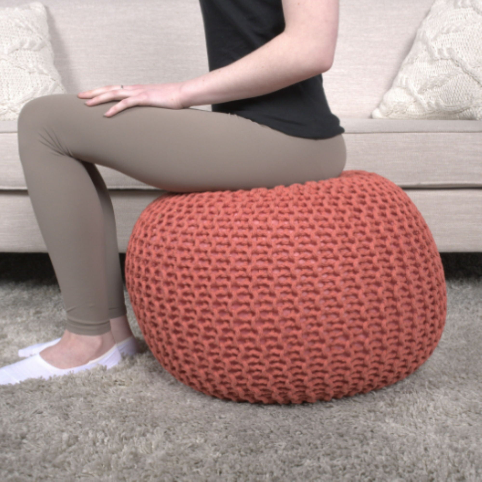 Bordeaux - Knitted Round Pouf Ottoman, Floor Cushion
