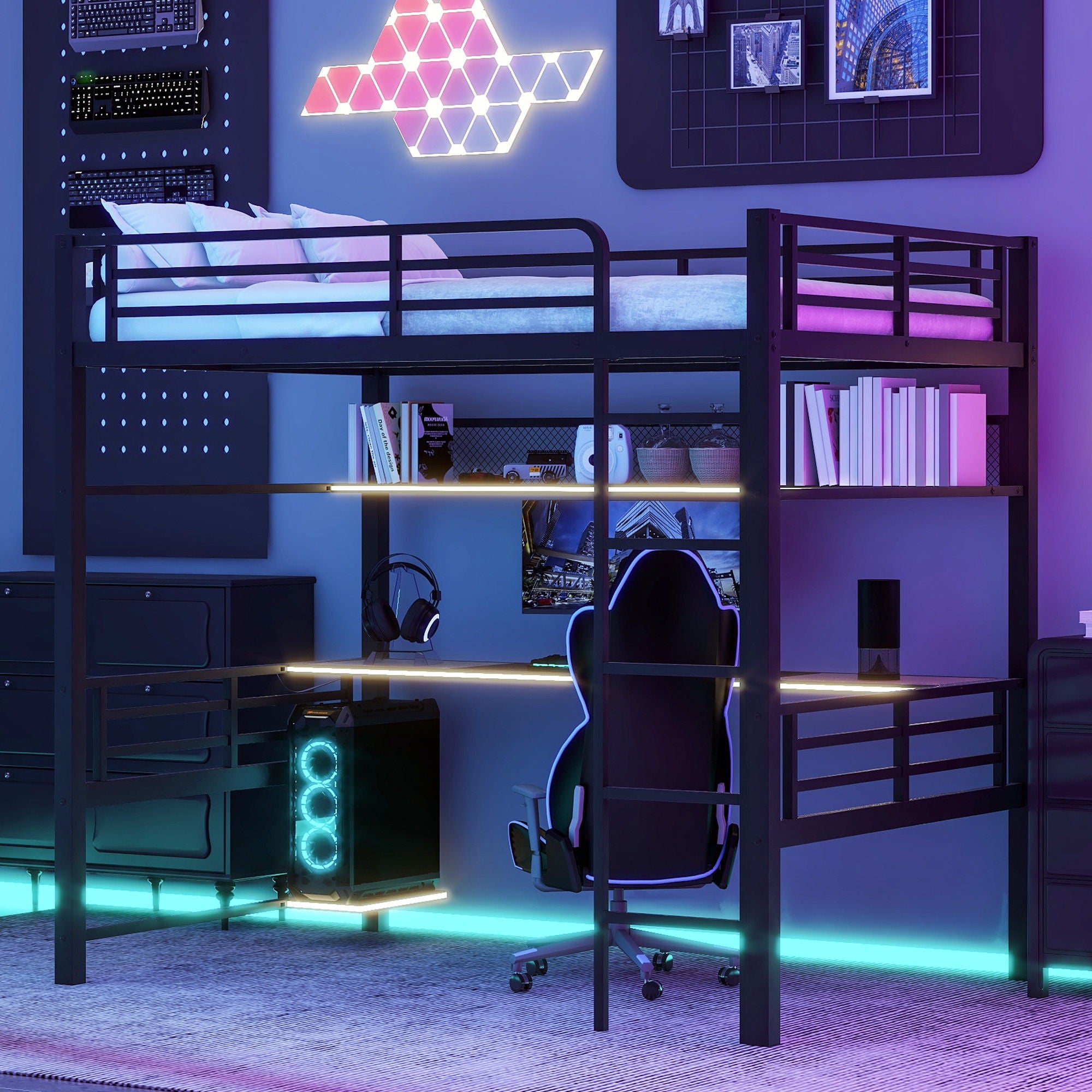 Full Size Loft Bed Frame With Storage Shelf And LED Light - Black