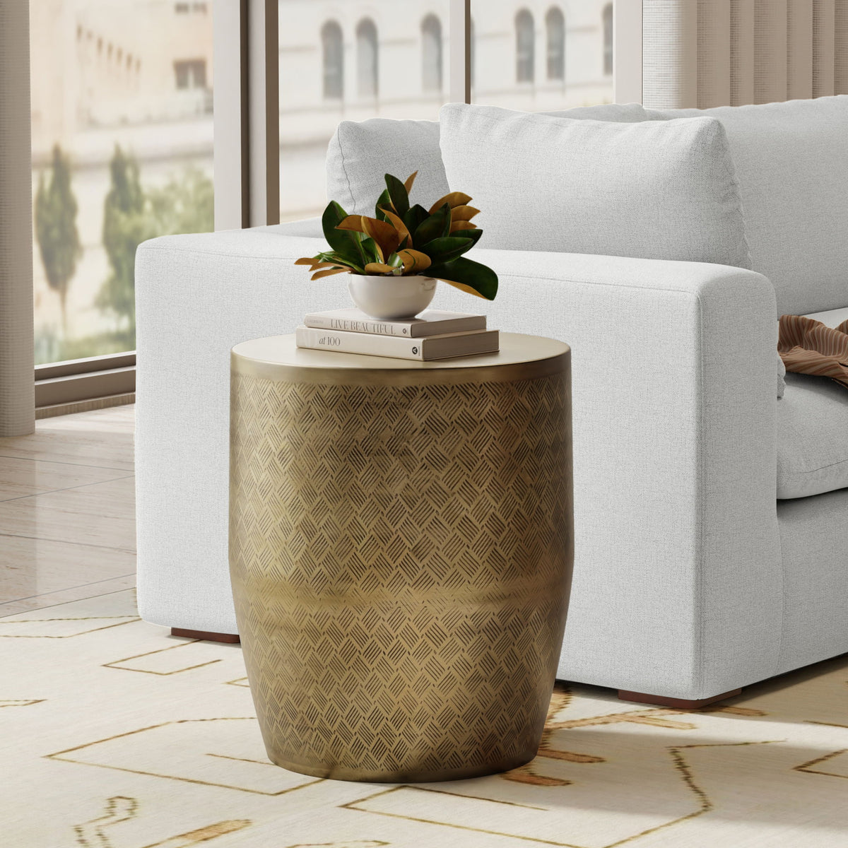Johnsen - Cross Hatch Pattern Accent Table - Antique Gold