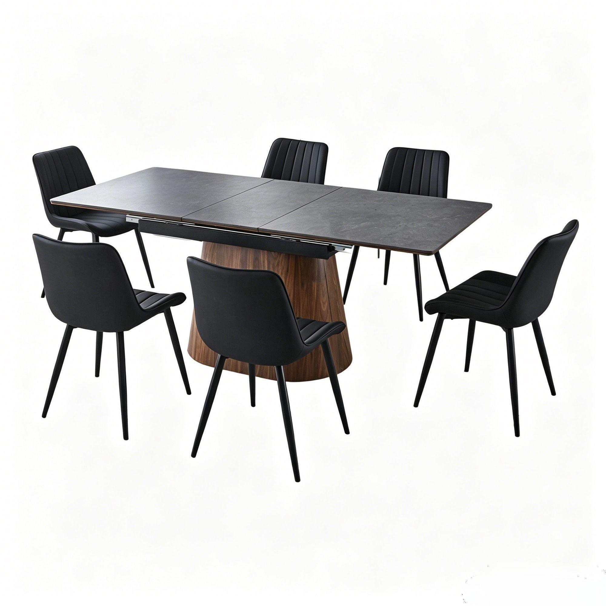 Extendable Dining Table With Cone Base And 6 Dining Chairs - Brown / Black