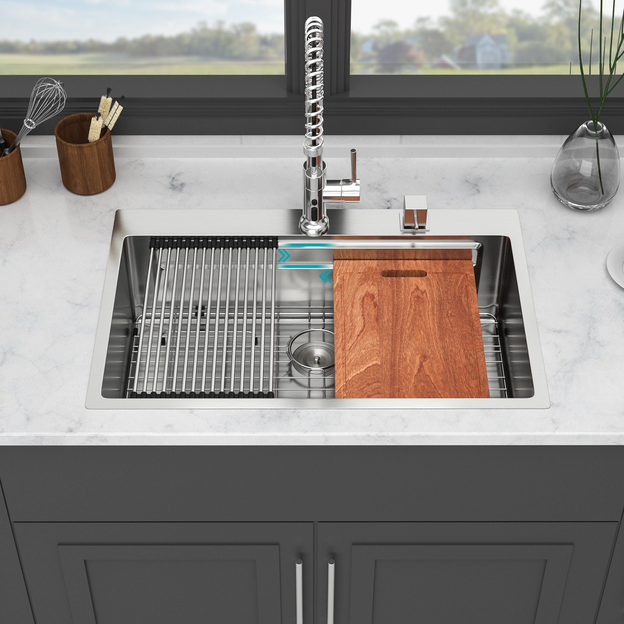 33" Drop In Kitchen Sink Single Bowl 16 Gauge Stainless Steel Ledge Workstation - Black