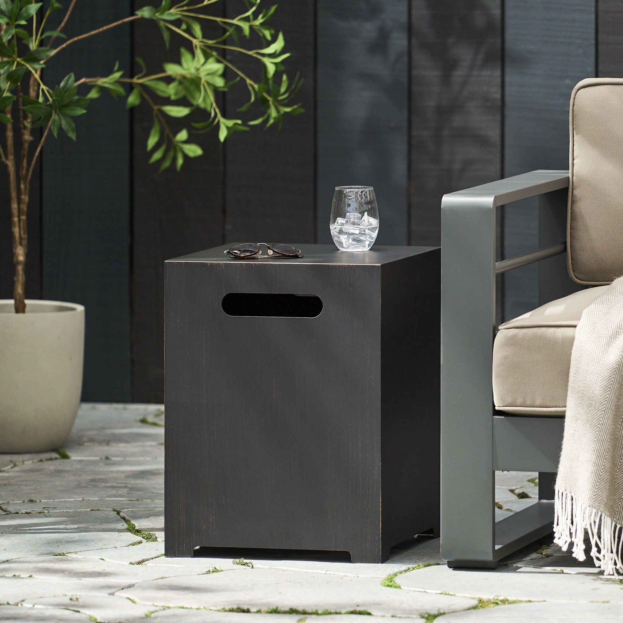 Modern Iron Tank Holder Side Table With Powder Coated Frame - Brown / Gold