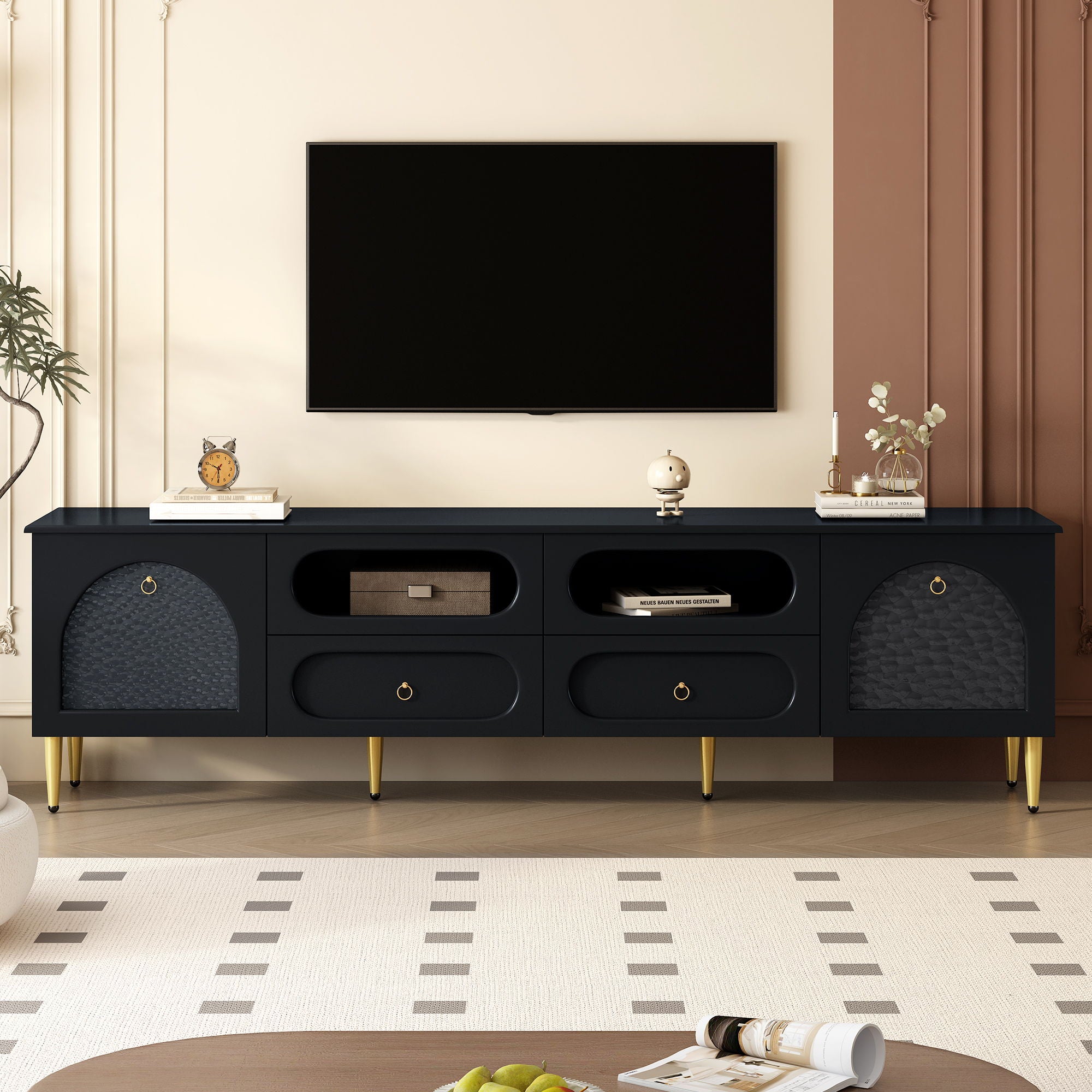 Retro TV Stand With 6 Metal Legs, 2 Cabinets, 4 Drawers And Anti-Tip Device