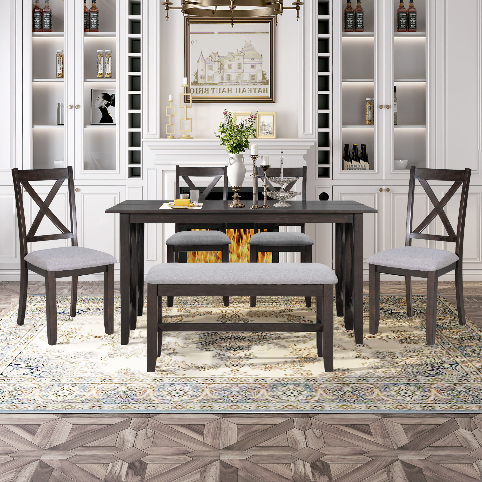 6 Piece Family Dining Room Set, Space Saving Foldable Table And 4 Chairs With Bench