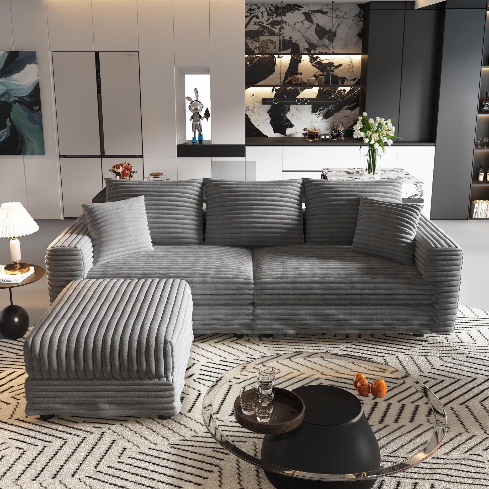 Convertible Deep Seat Sofa With Soft Pillows And Ottomans