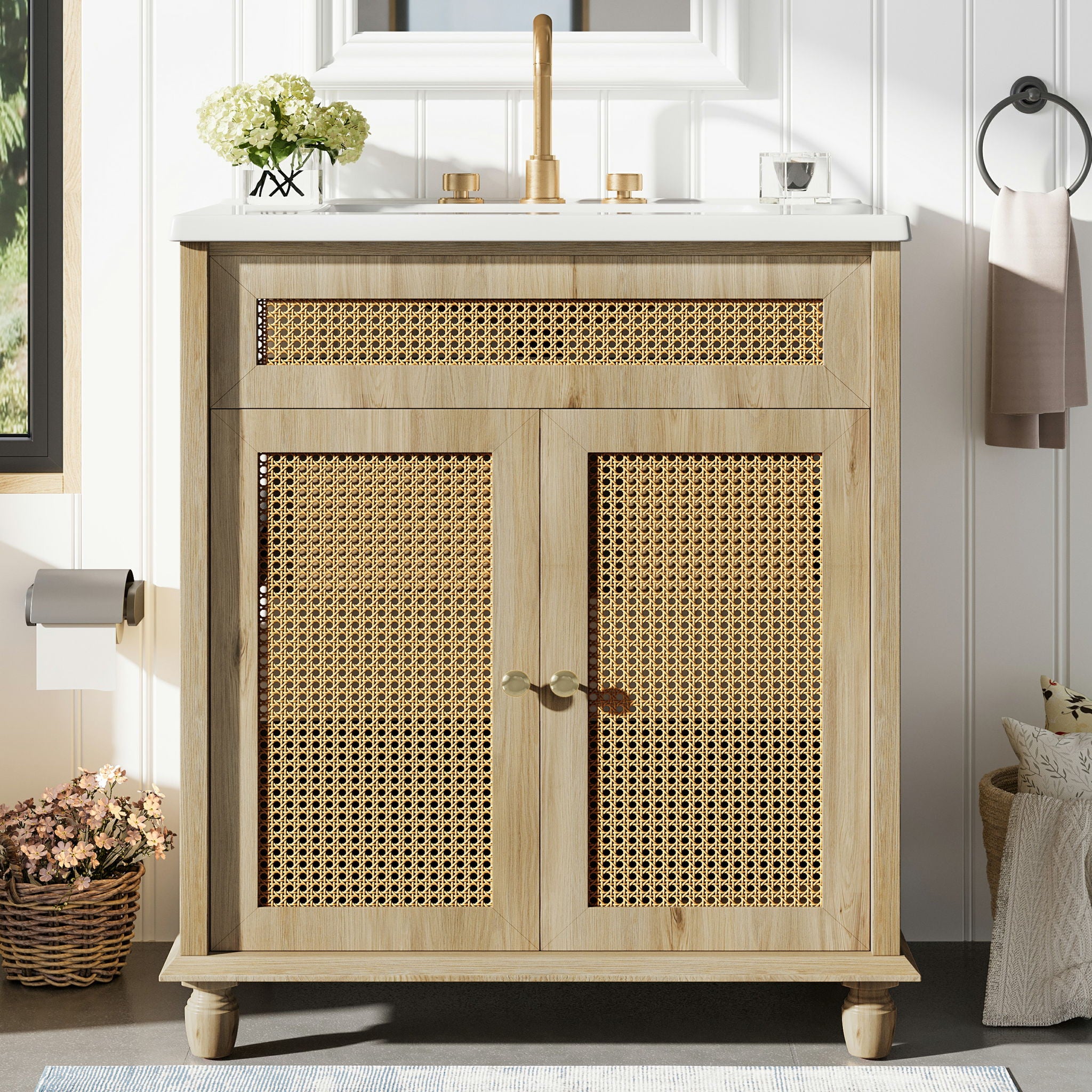 Bathroom Vanity With Handwoven Rattan Doors, Resin Basin - Natural Wood