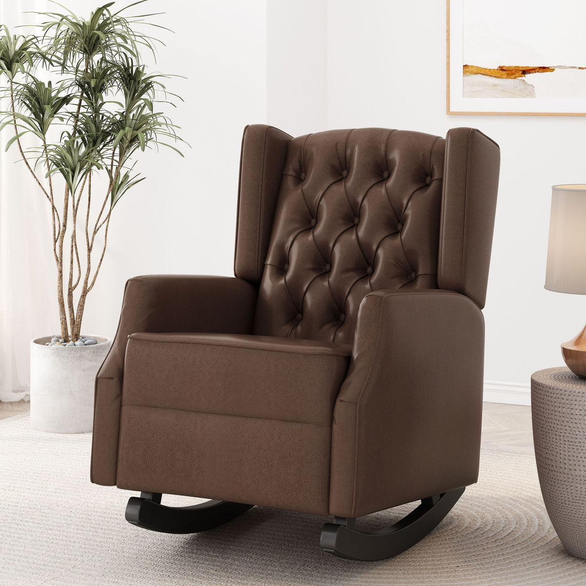 Amedou - Contemporary Tufted Wingback Rocking Chair - Dark Brown