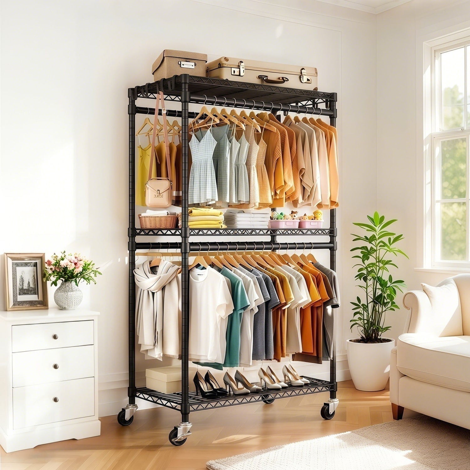 Heavy Duty Rolling Clothes Rack With 3 Tier Shelves, 2 Rails & Side Hooks, Adjustable Freestanding Organizer Metal - Black