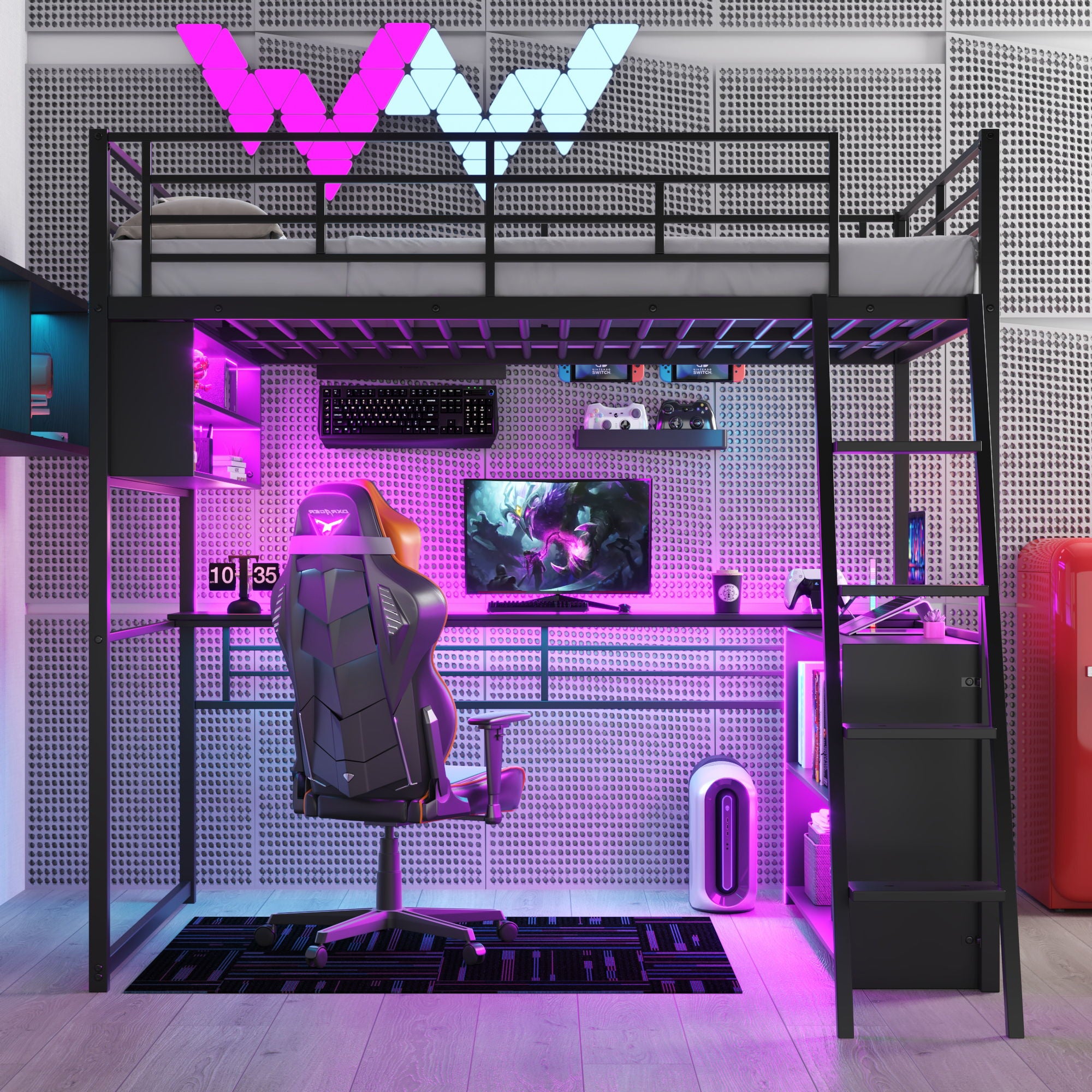 Loft Bed With LED Desk And 4 Storage Shelves