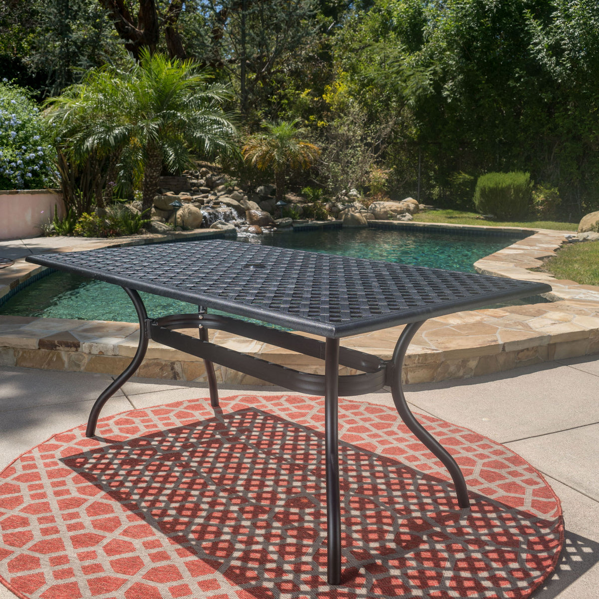 Outdoor Aluminum Dining Table With Lattice Design And Center Umbrella Hole - Black