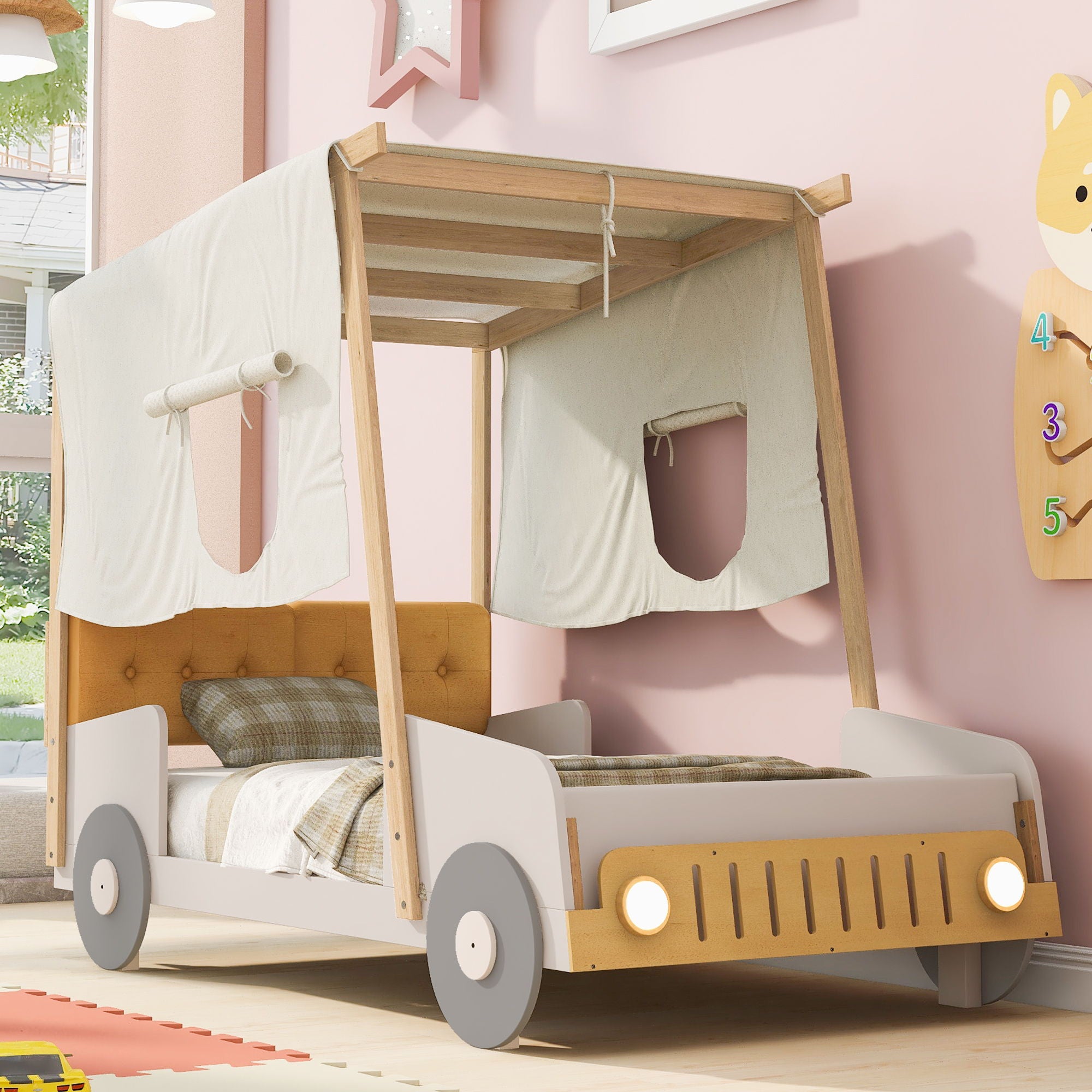 Twin Size Car Bed With Pillow, Ceiling Cloth And LED - Natural