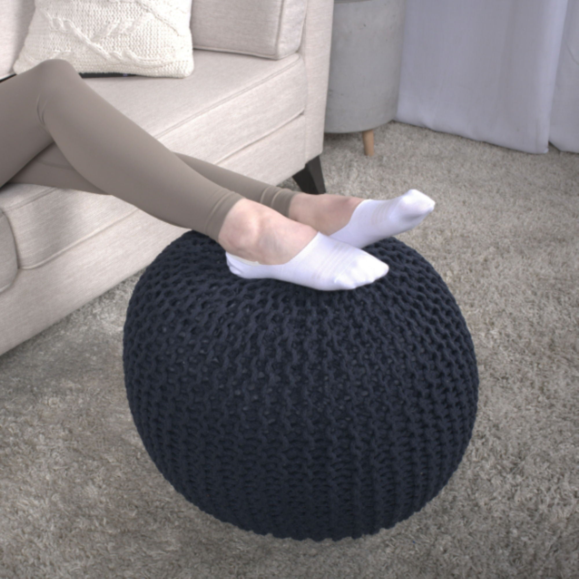 Bordeaux - Knitted Round Pouf Ottoman, Floor Cushion