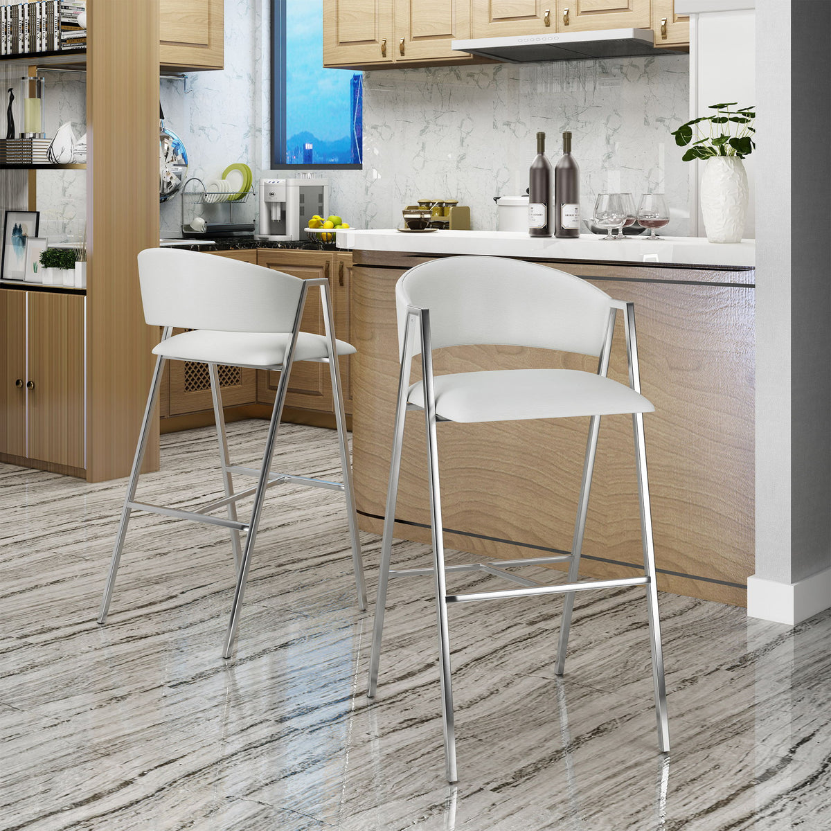 Modern Bar Stools With Low Back And Arms And Durable Metal Frame (Set of 2) - Ivory