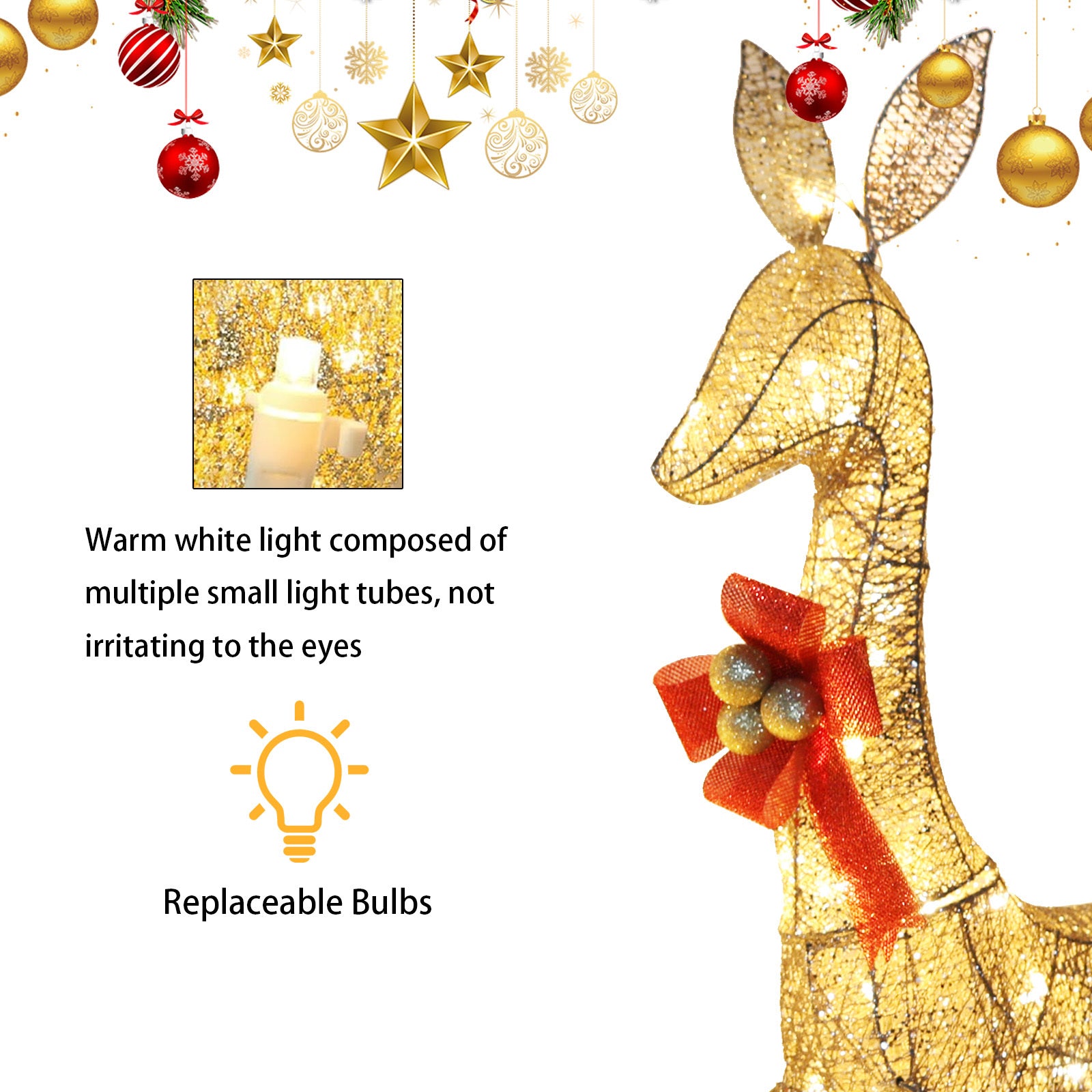 Set of 3 Large Lighted Reindeer Christmas Decorations, 3D Yard Deer Decor Family Set for Indoor or Outdoor Yard Art- with 210 Warm White LED Lights,Christmas Deer Decorations - Gold
