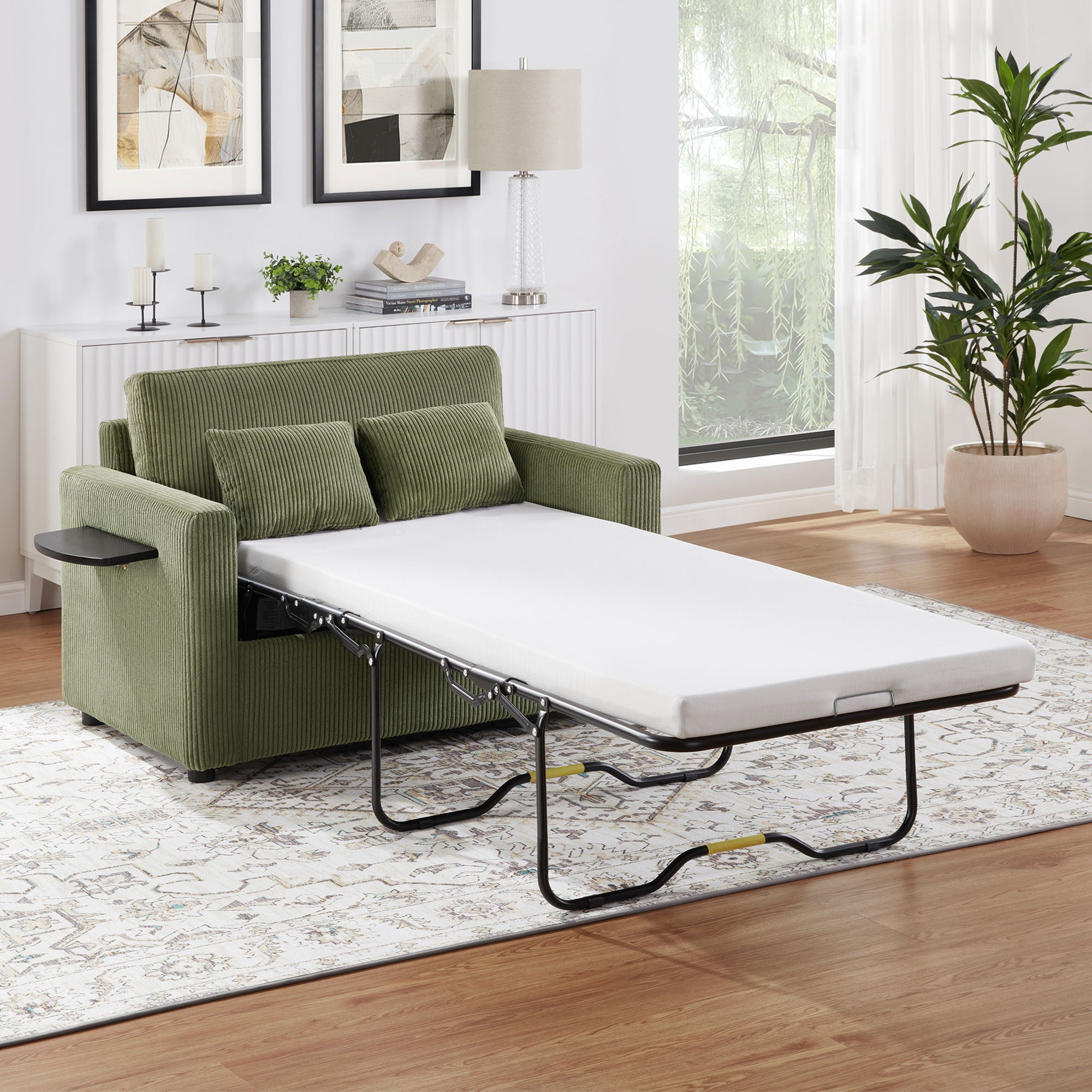Sleeper Sofa With Foldable Mattress, USB Ports, Side Table & Storage Pocket