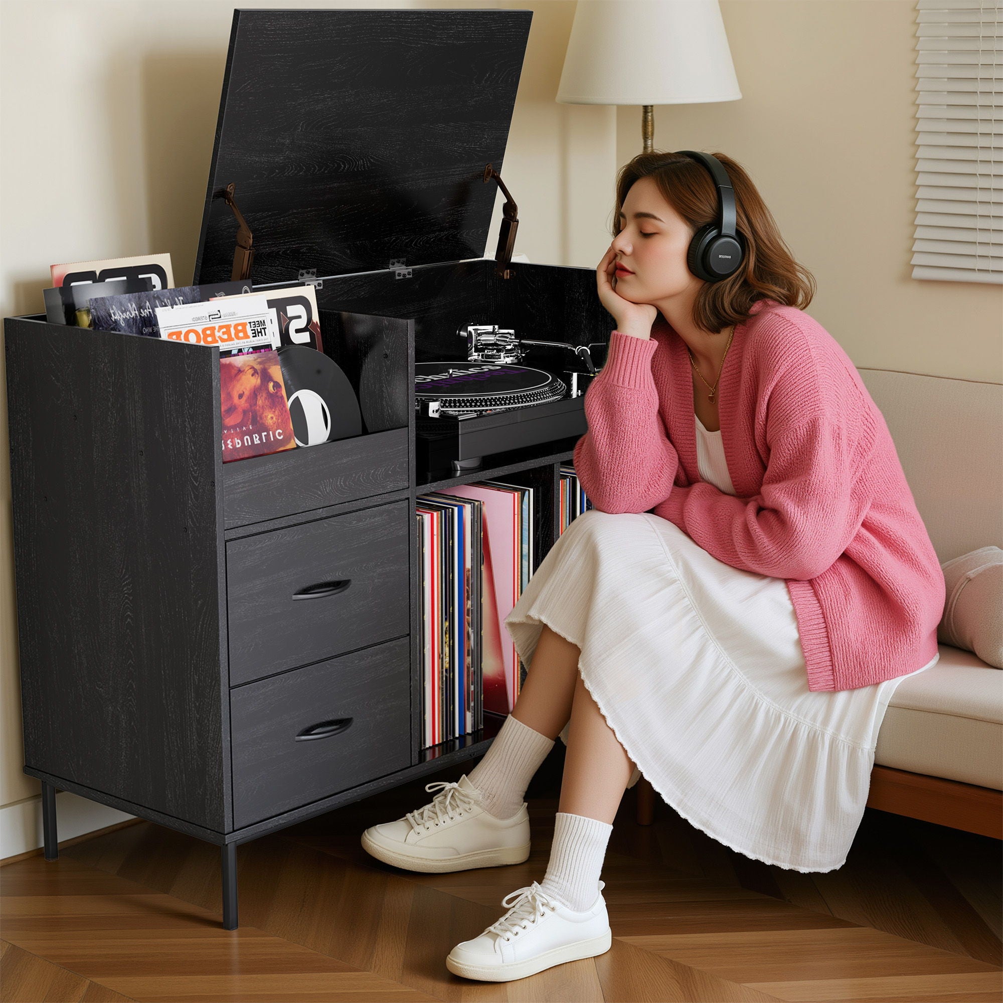 Record Player Stand With Power Outlet & Flip-Down Lid, Turntable Console With 2 Drawers And Storage For 300+ Vinyls, Some Assembly Required - Black