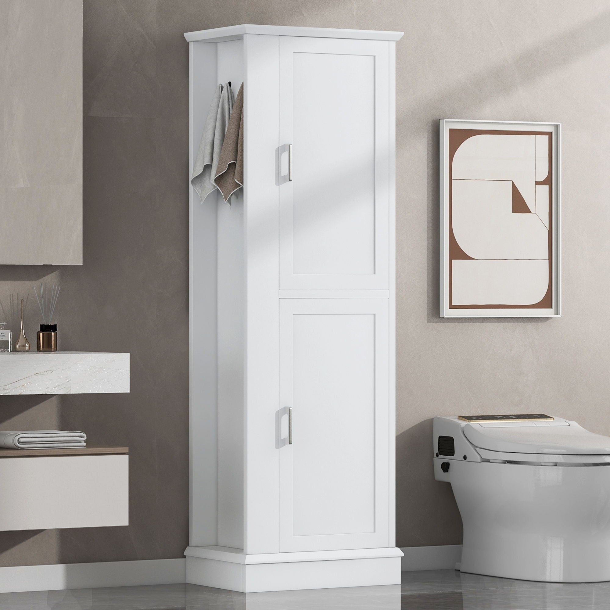 Tall Freestanding Bathroom Storage Cabinet With Adjustable Shelves And Side Hooks