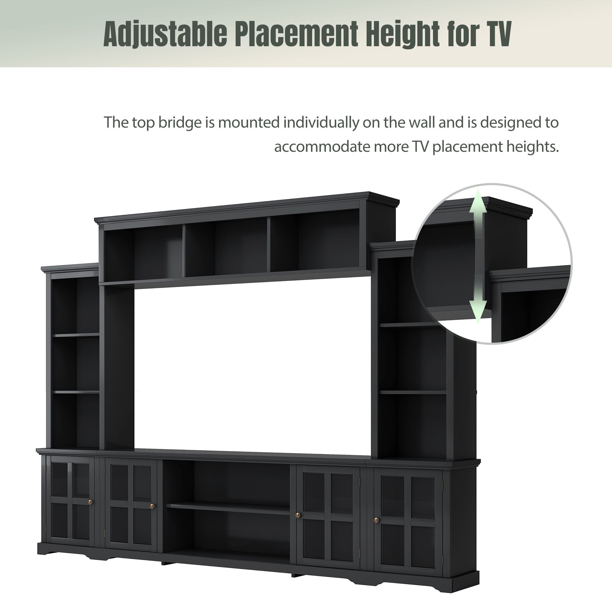 Entertainment Wall Unit with Bridge, Modern TV Console Table for TVs Up to 70" Multifunctional TV Stand with Tempered Glass Door Black