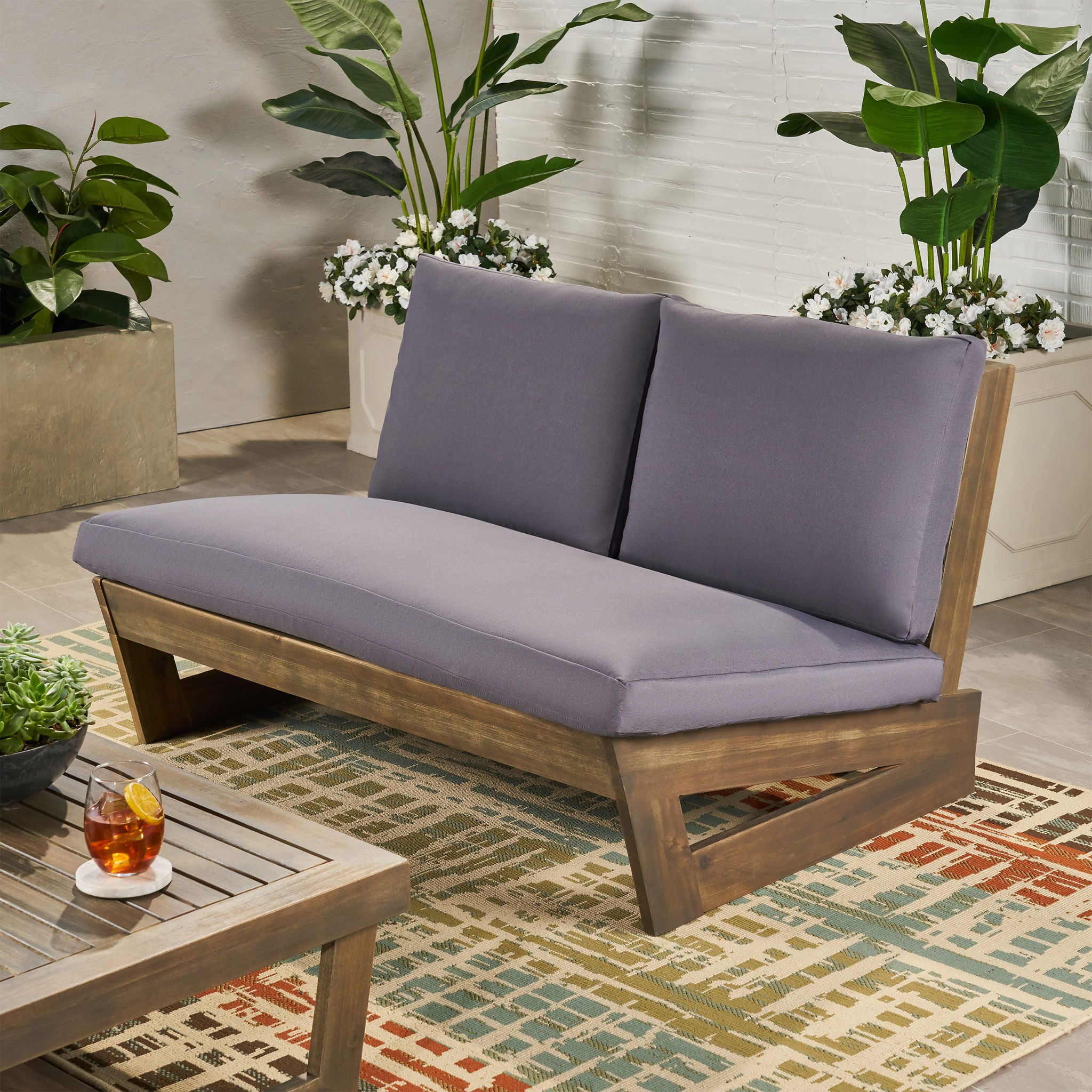 Outdoor Loveseat With Slat Paneling And Water Resistance Cushion - Dark Gray