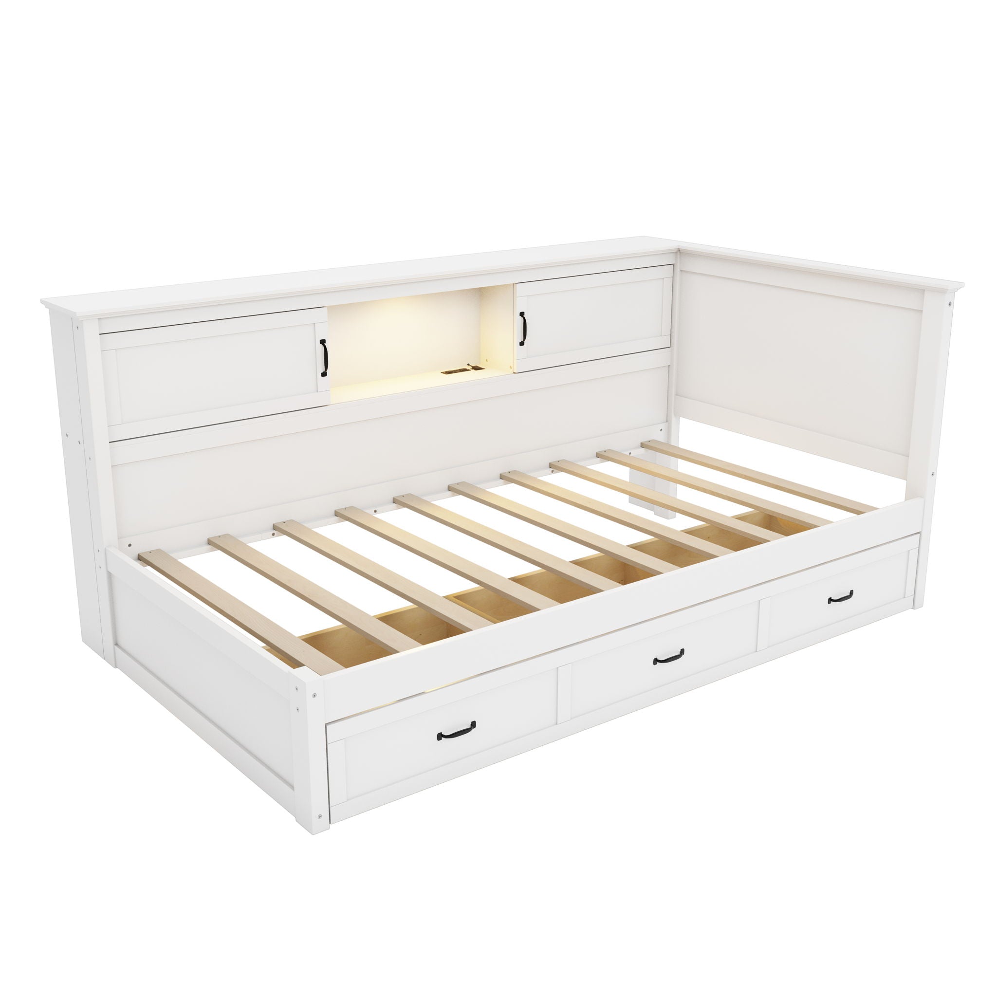 L Shaped Bed Frame With Drawer And And Bookcase With LED Downlight And USB Port