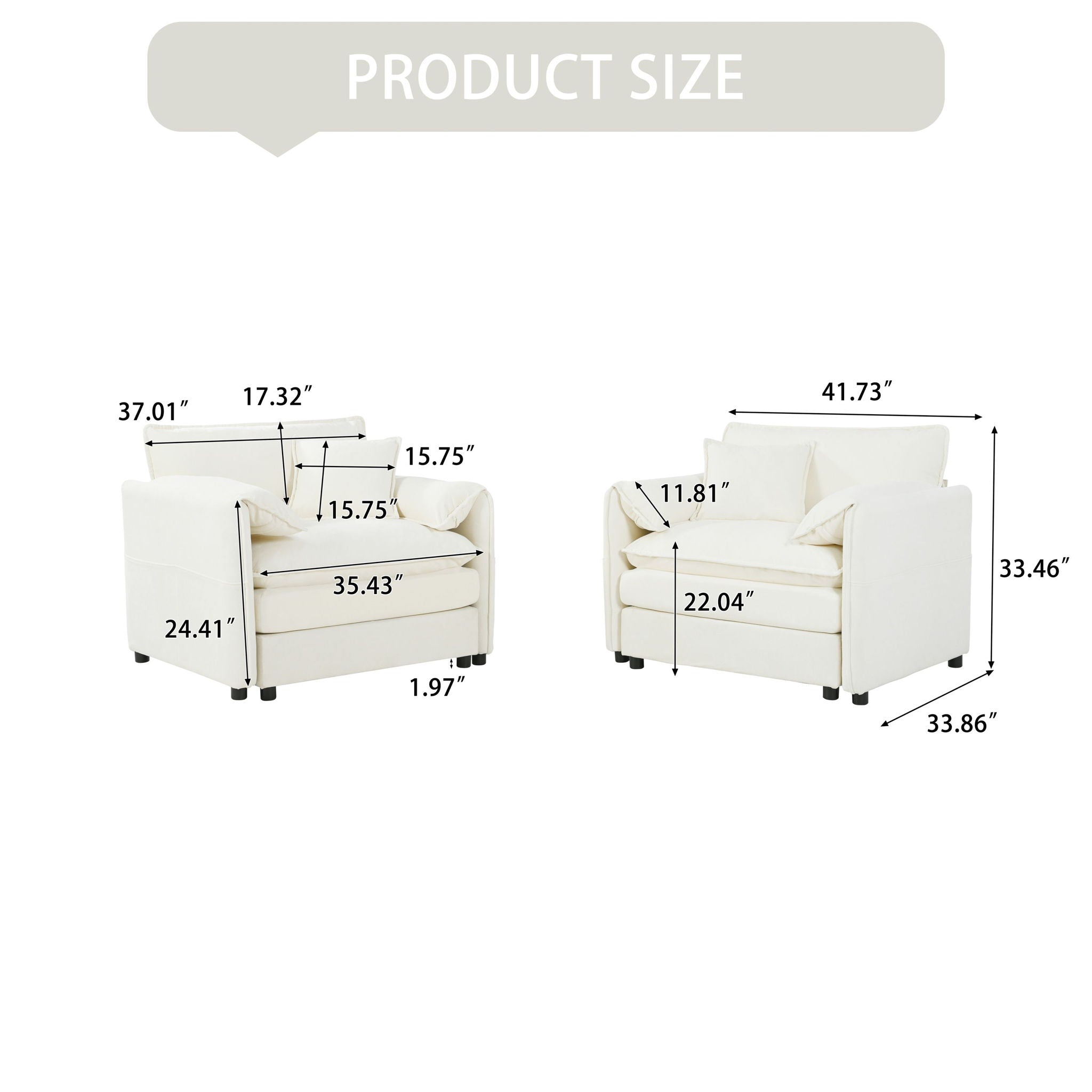 Modern Chenille Oversized Accent Chair, Comfy Single Sofa With Large Seat (Set of 2)