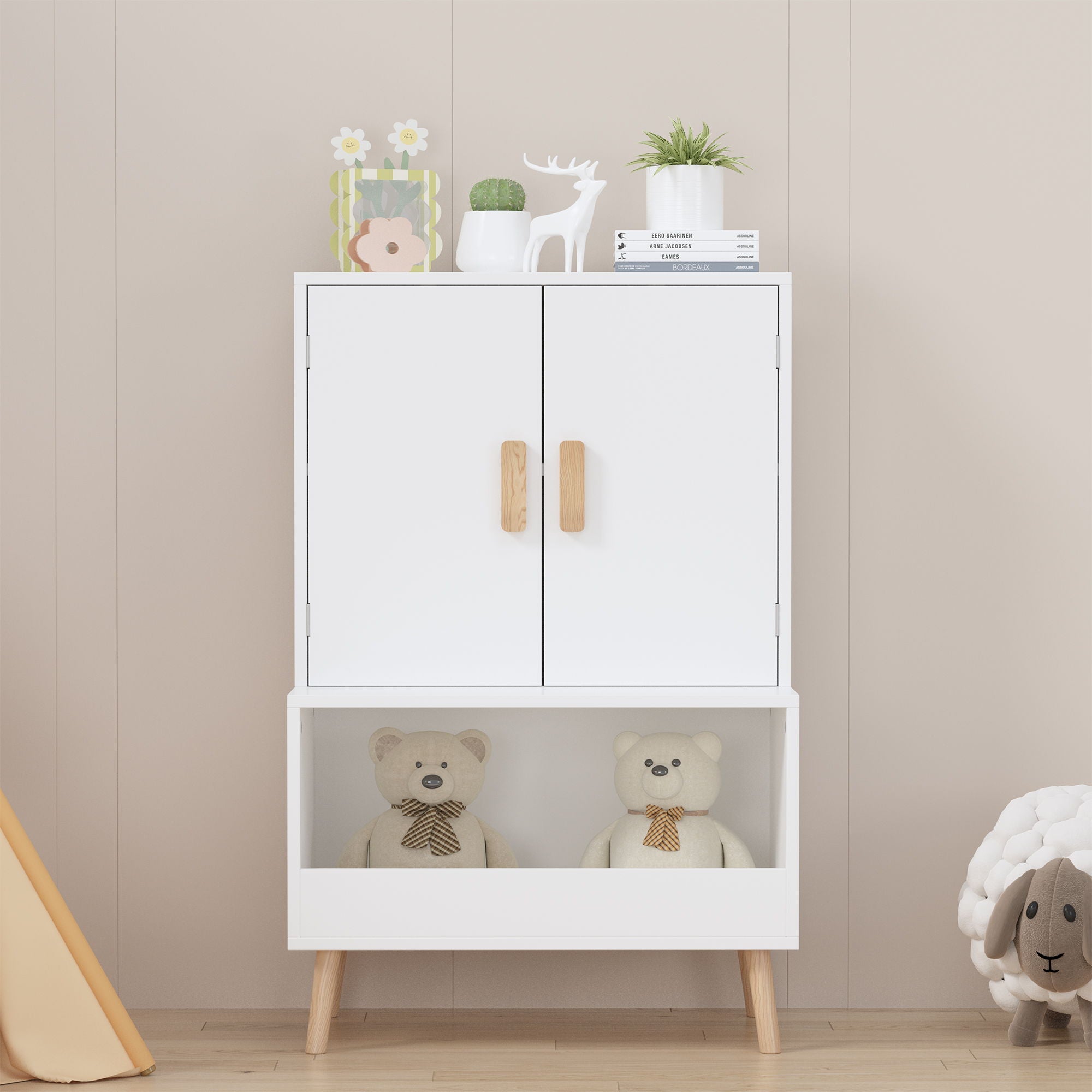 Toy Storage Cabinet With Doors And Open Shelf, Toddler Bookshelf For Playroom - White