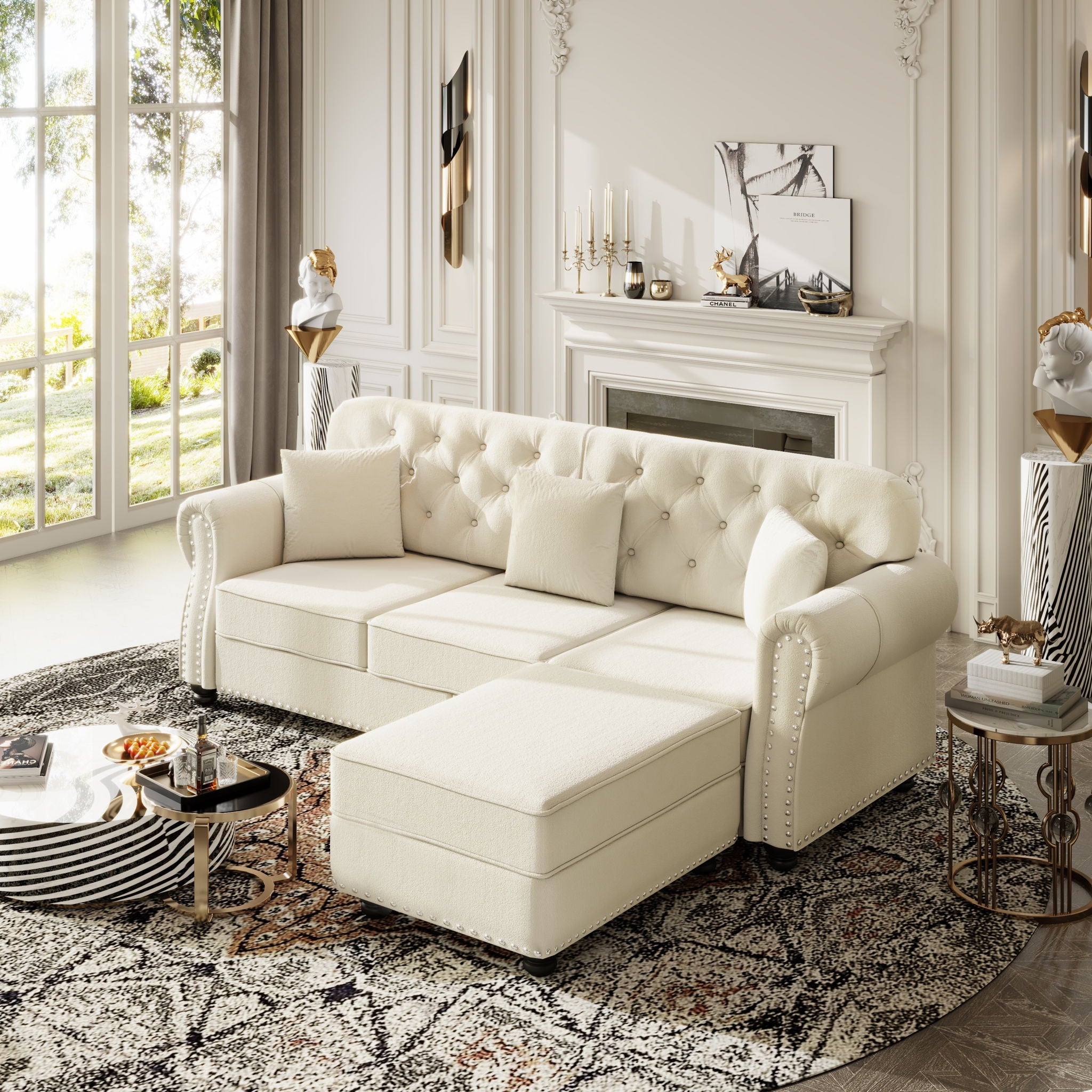Upholstered 3 Seater Sofa Set With Ottoman