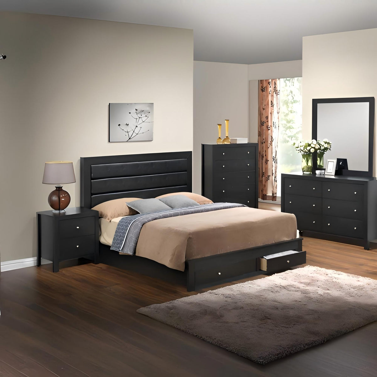 Elegant Queen Storage Bed - Black - Particle Board
