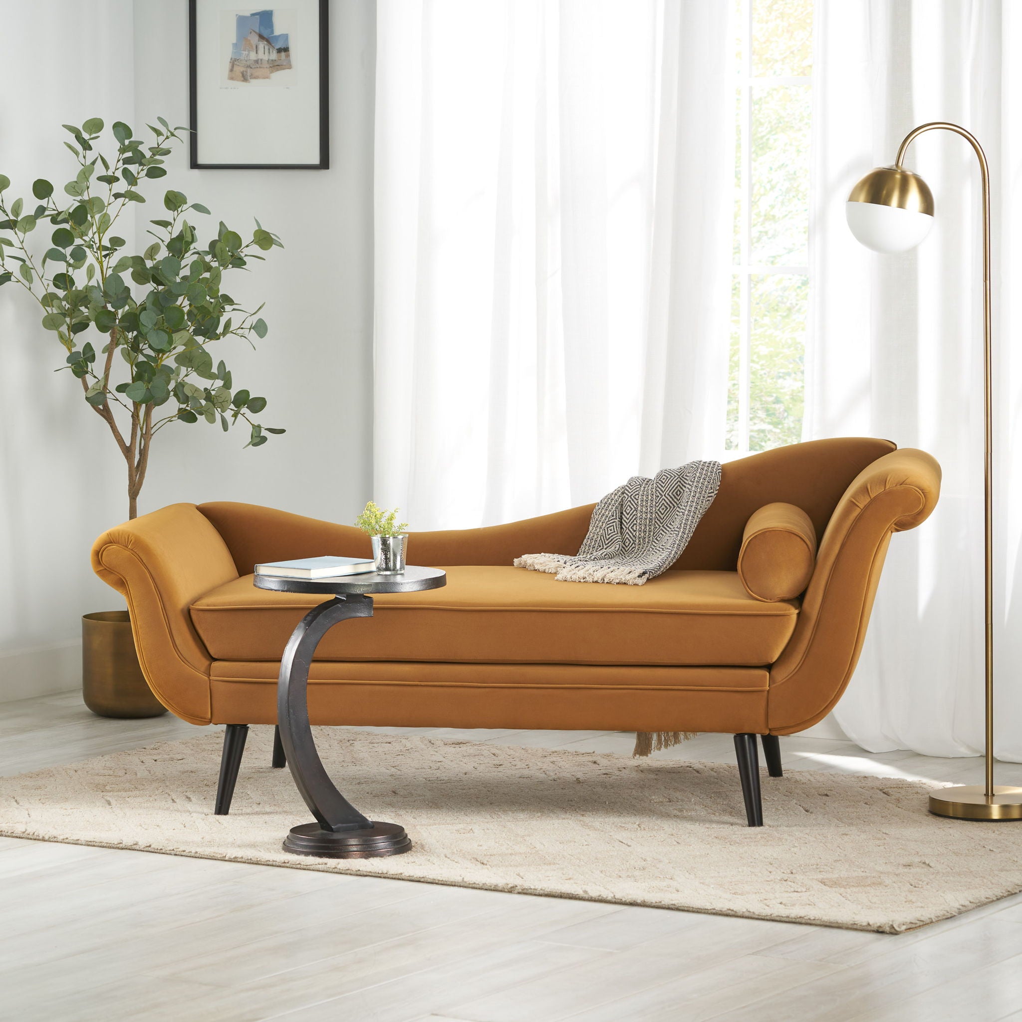 Auroral - Upholstered Chaise Lounge With Scrolled Arms And Tapered Legs