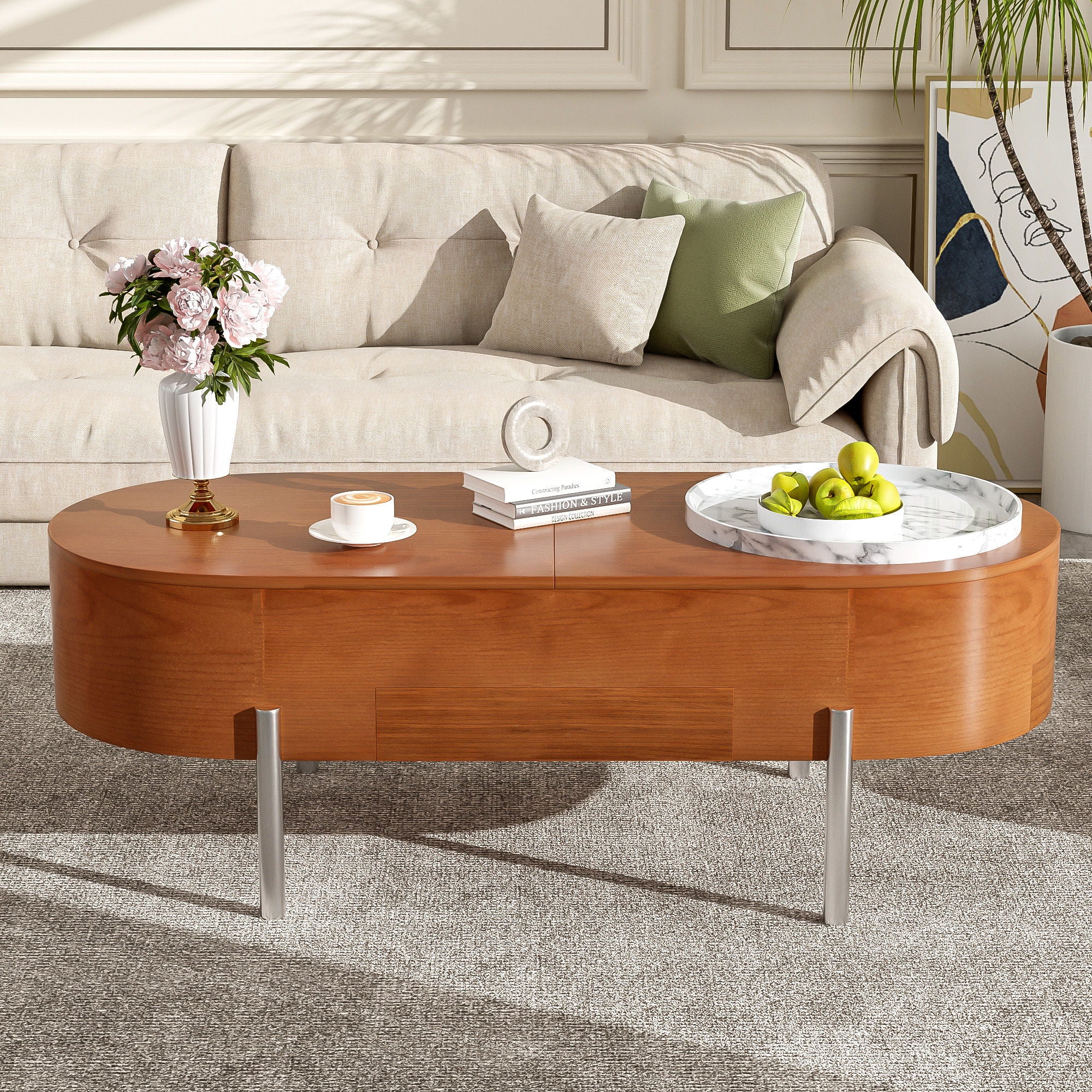 Lift Top Coffee Table With 360 Degree Marble Patterned Rotating Tray