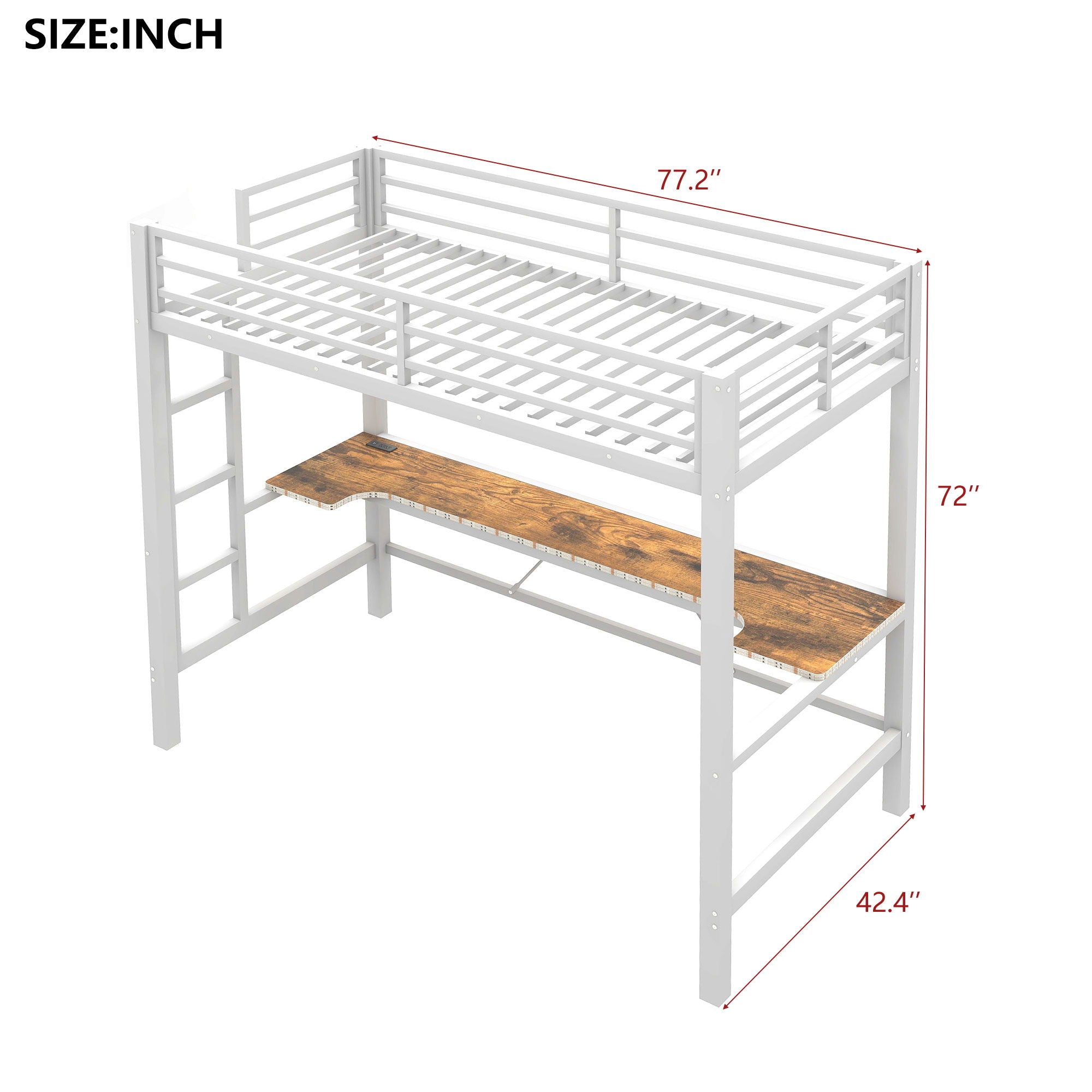 Gaming Metal Loft Bed Frame With LED Light, USB Charge Station And Desk