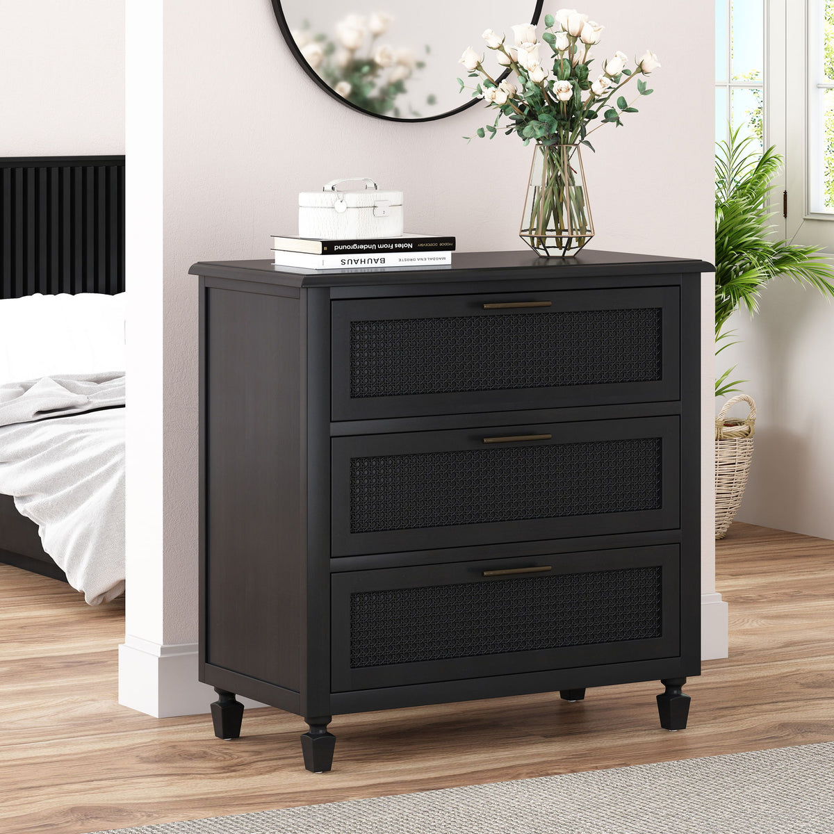 Newell - Cane 3 Drawer Dresser - Dark Gray