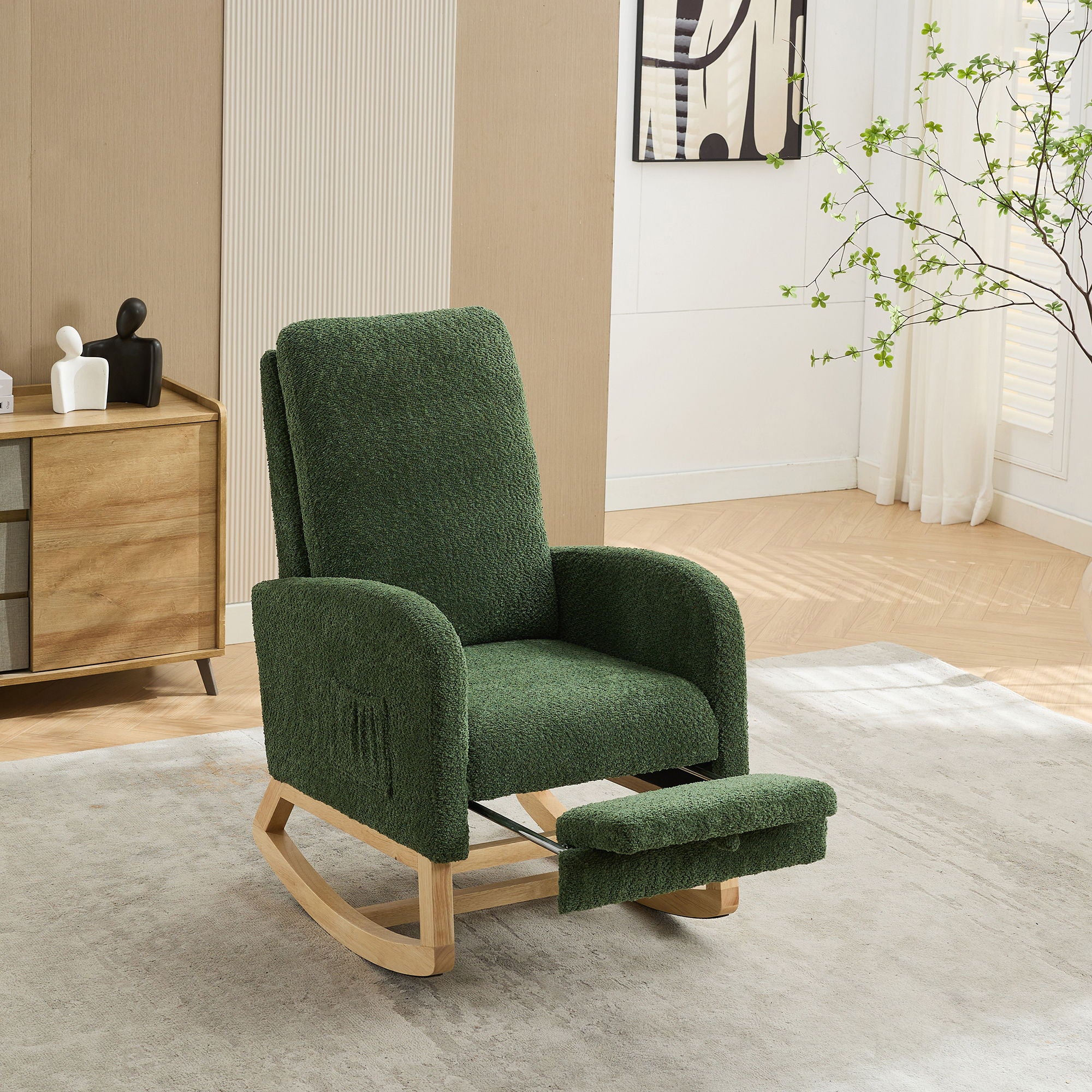 Rocking High Back Glider Chair With Retractable Footrest, Side Pocket