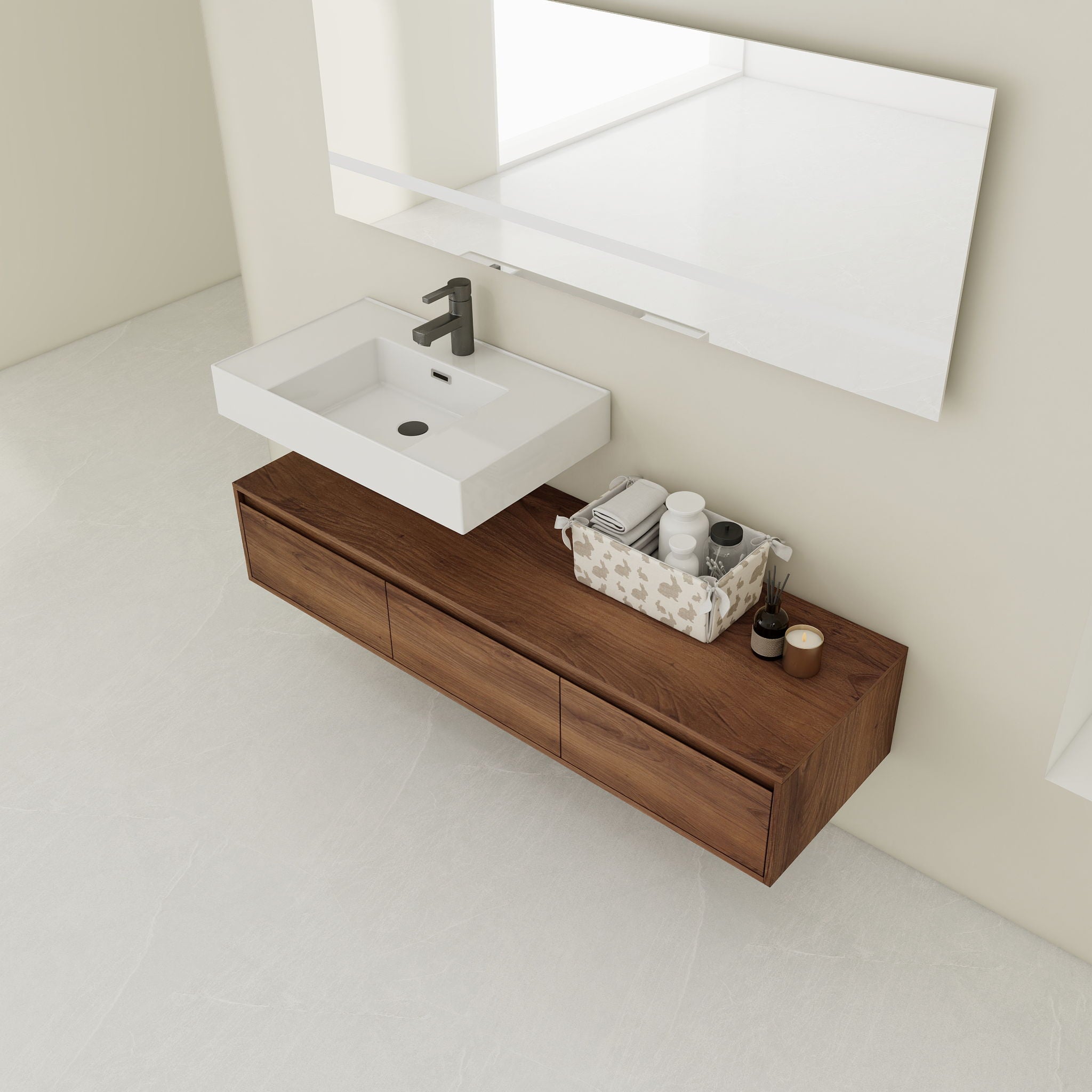 Modern Wall Mounted Bathroom Vanity With Resin Sink And Soft Close Drawer - Brown Ebony