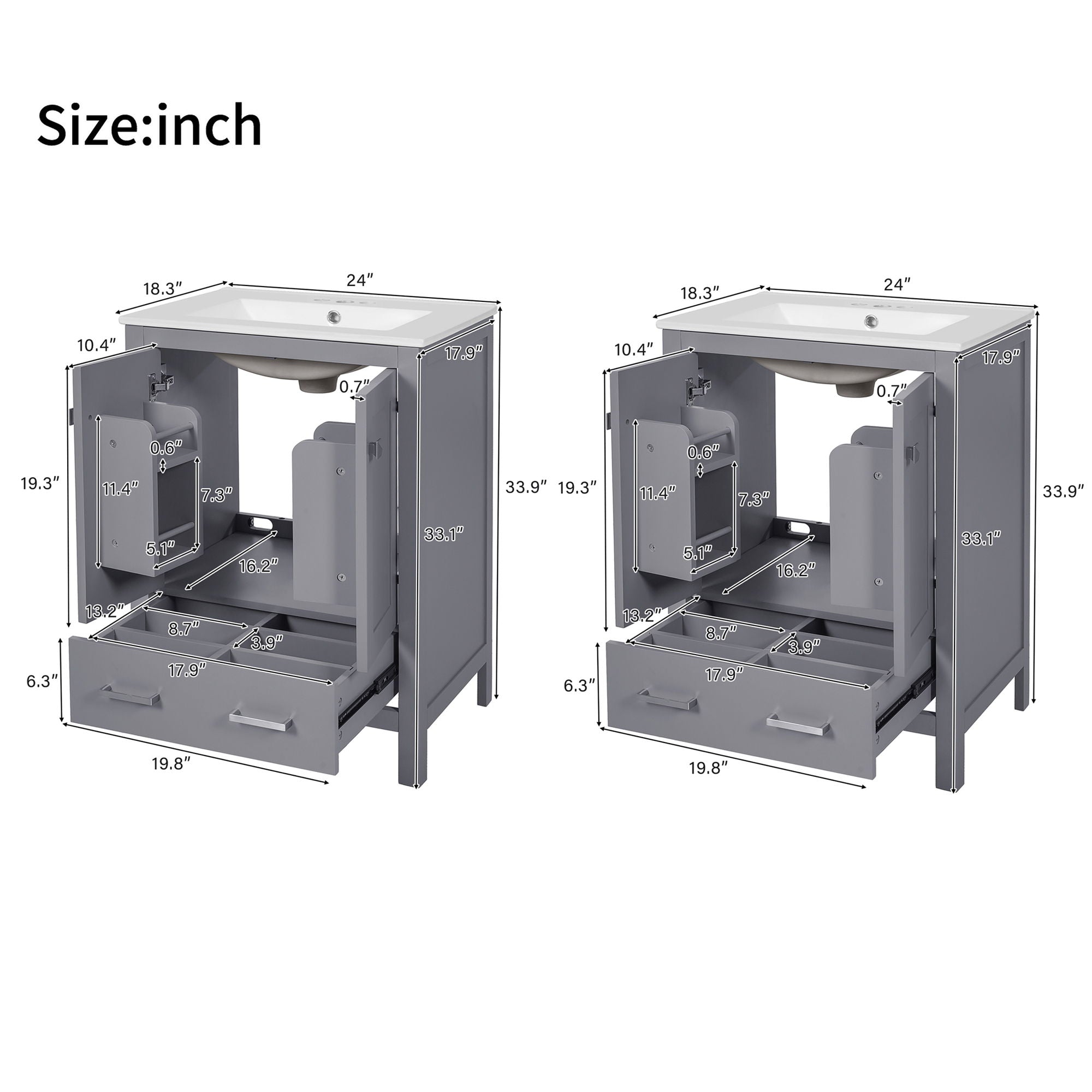 Bathroom Vanity With Integrated Undermount Ceramic Sink, 2 Doors And 1 Drawer, Soft Close Hinges