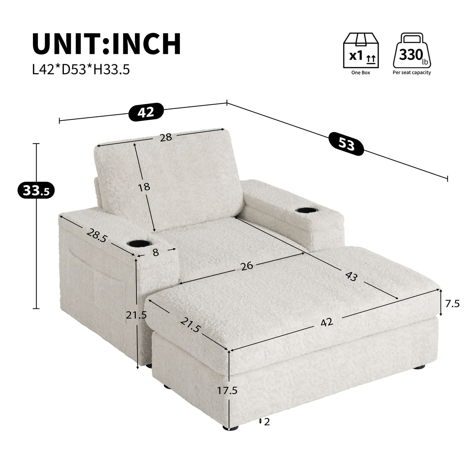 Oversized Chaise Lounge Indoor Rabbit Fur Sofa Bed With Storage Ottoman And Armrests Cup Holders With Deep Seat