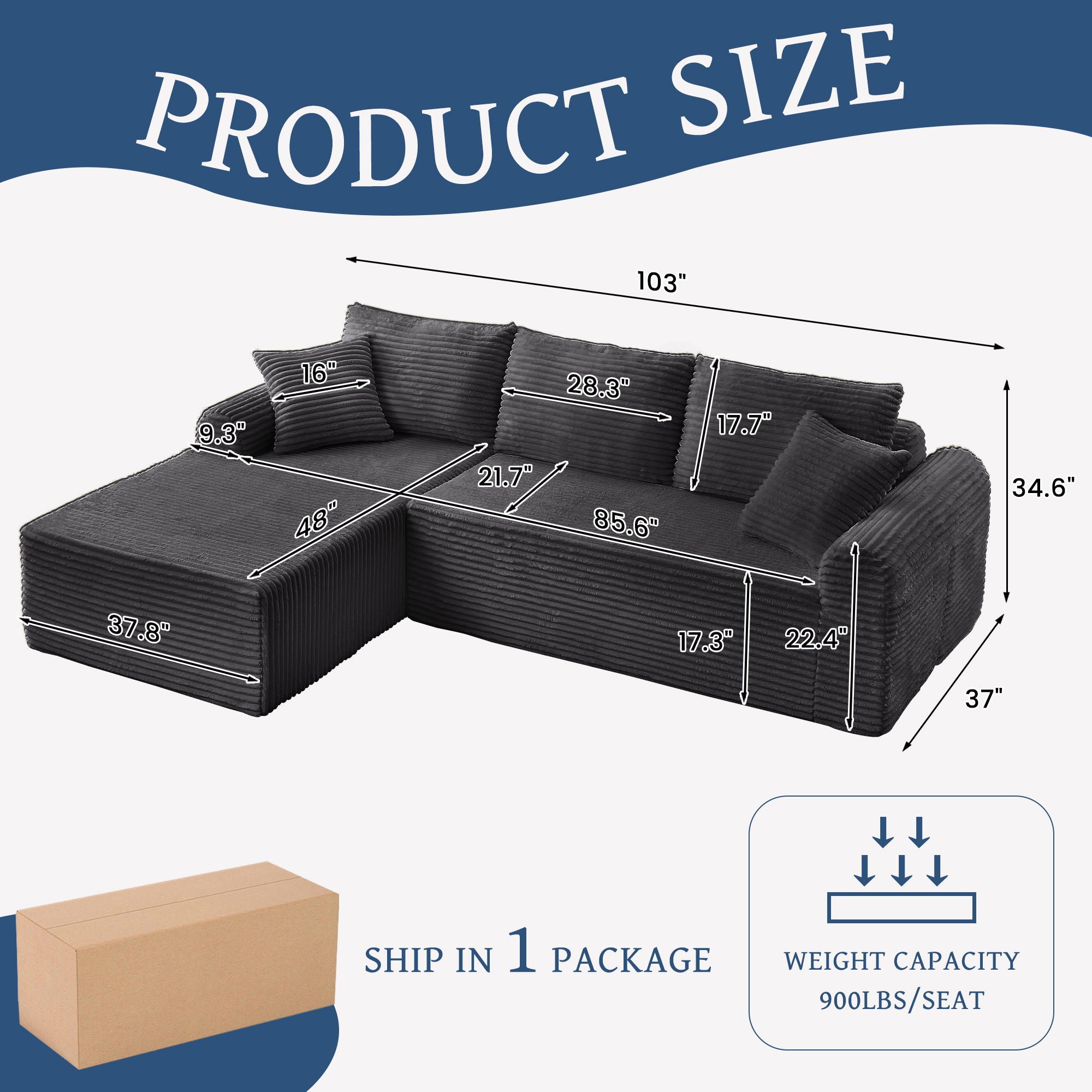 Modular Sectional With Arched Armrests, Includes 3 Back Cushions & 2 Throw Pillows