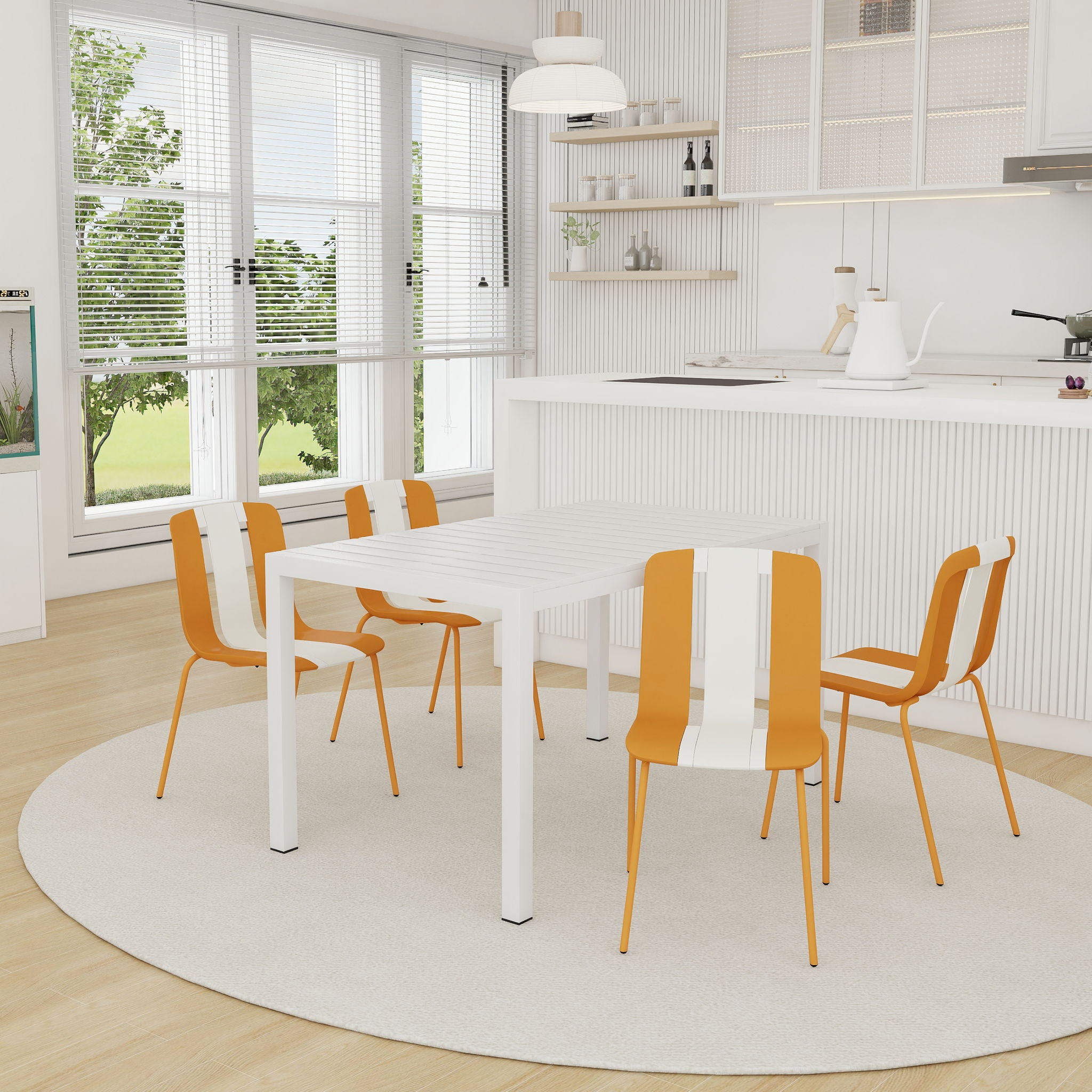 4 Piece Set Of Modern Striped Color- Blocking Single Chairs With Long Table