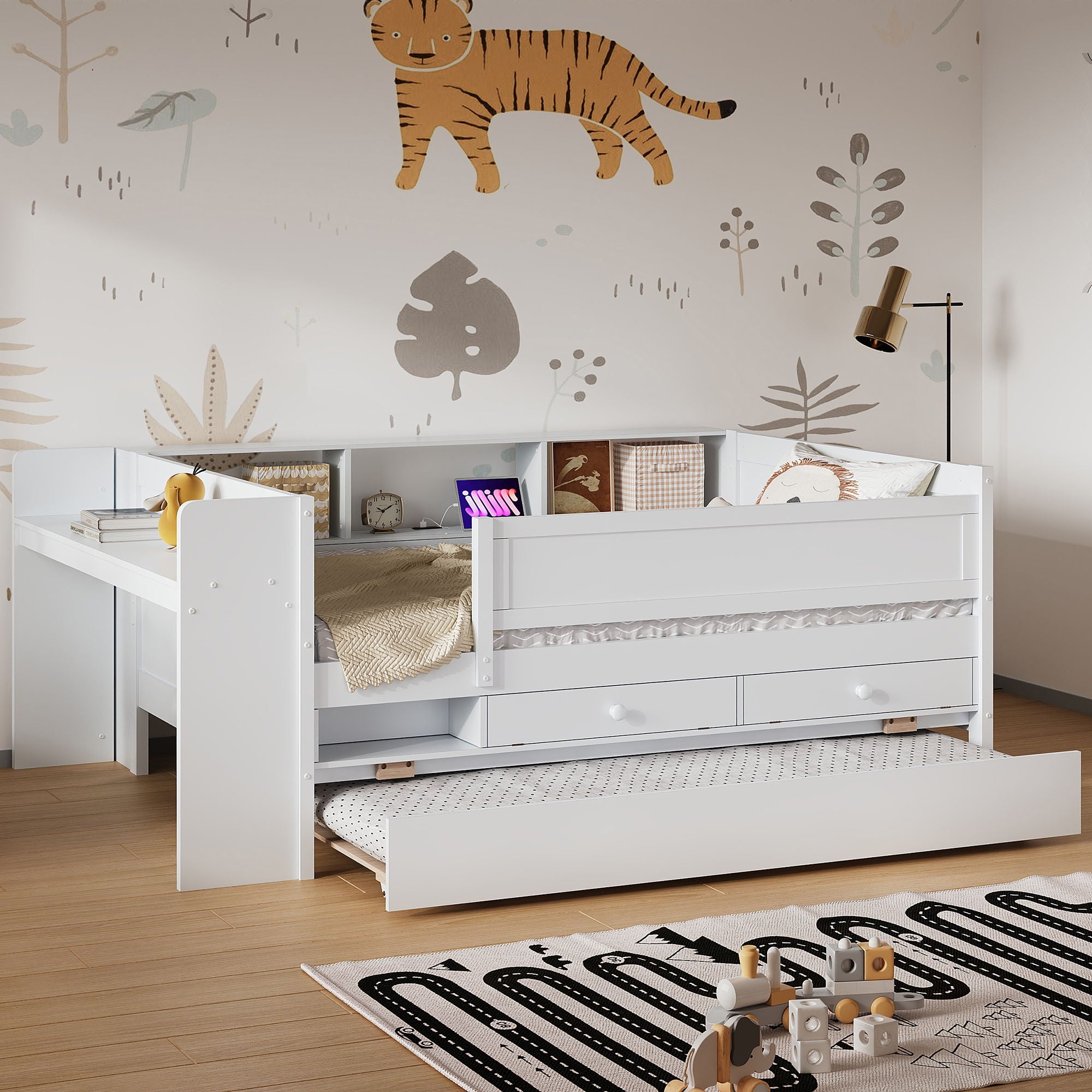 Twin Daybed With Drawers, Trundle, Headboard Storage, Study Desk, And USB Charging Station - White