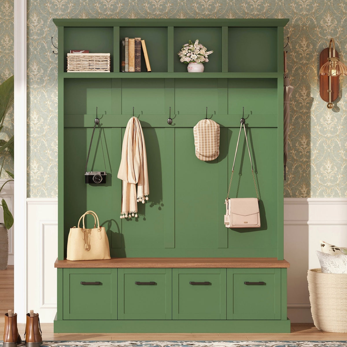 Hall Tree With Storage Bench Mudroom Coat Rack With 6 Hooks