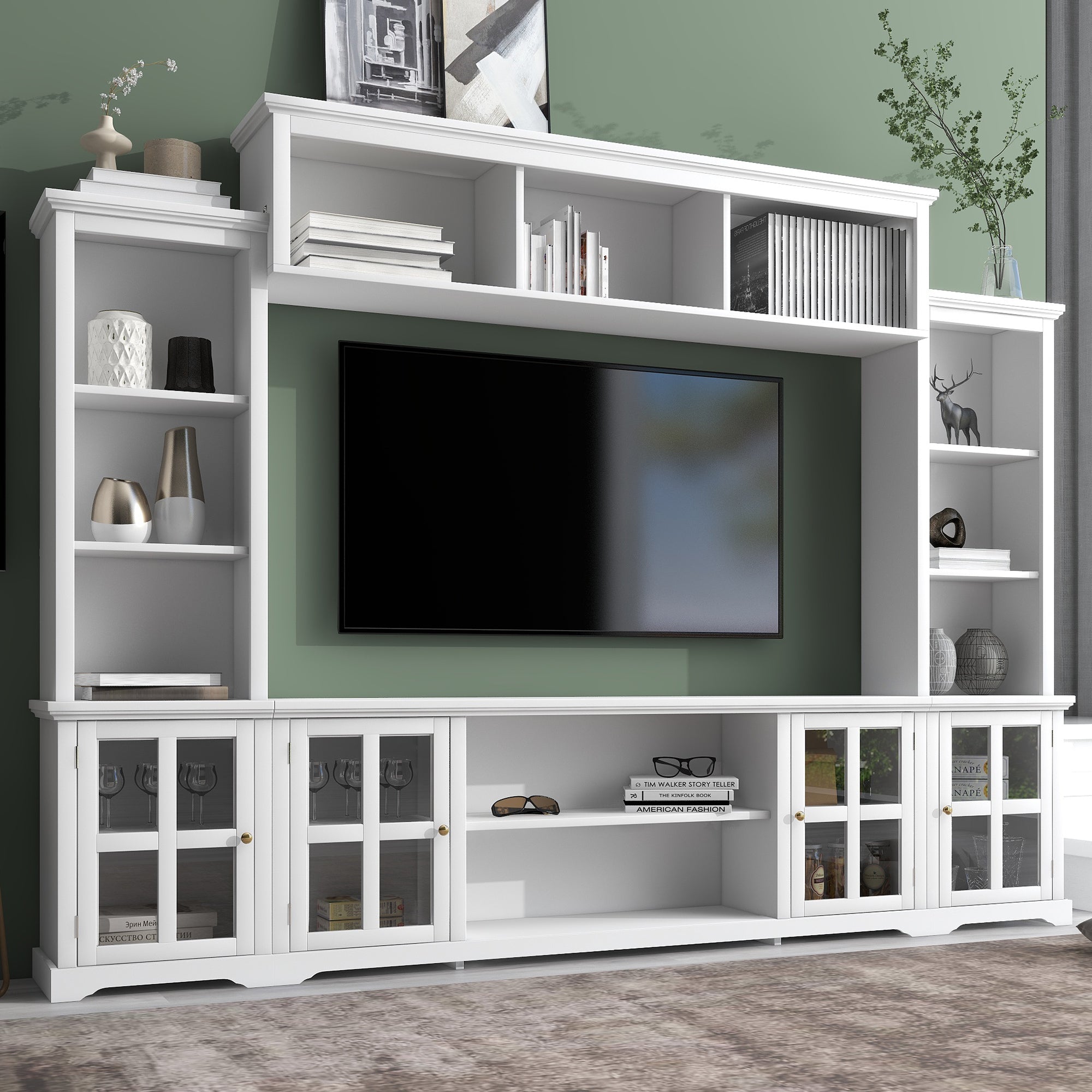 Entertainment Wall Unit with Bridge, Modern TV Console Table for TVs Up to 70", Multifunctional TV Stand with Tempered Glass Door, White