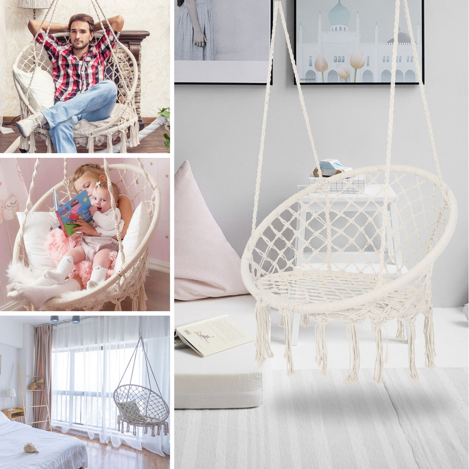 Macrame Hanging Hammock Chair, Cotton Rope Swing For Indoor And Outdoor Use