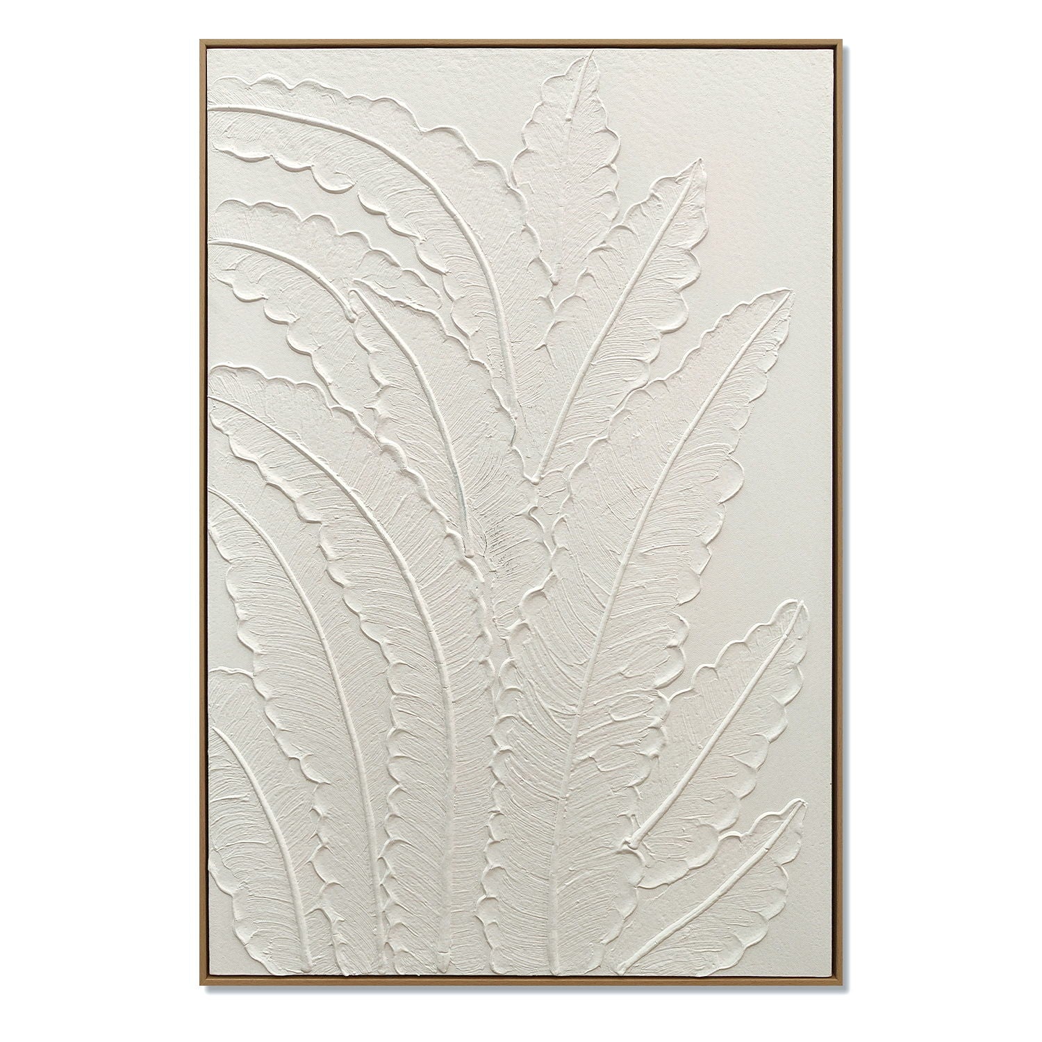 Framed Botanical Leaf Wall Art, Thick Textured Canvas Painting, Neutral Decor For Living Room - White