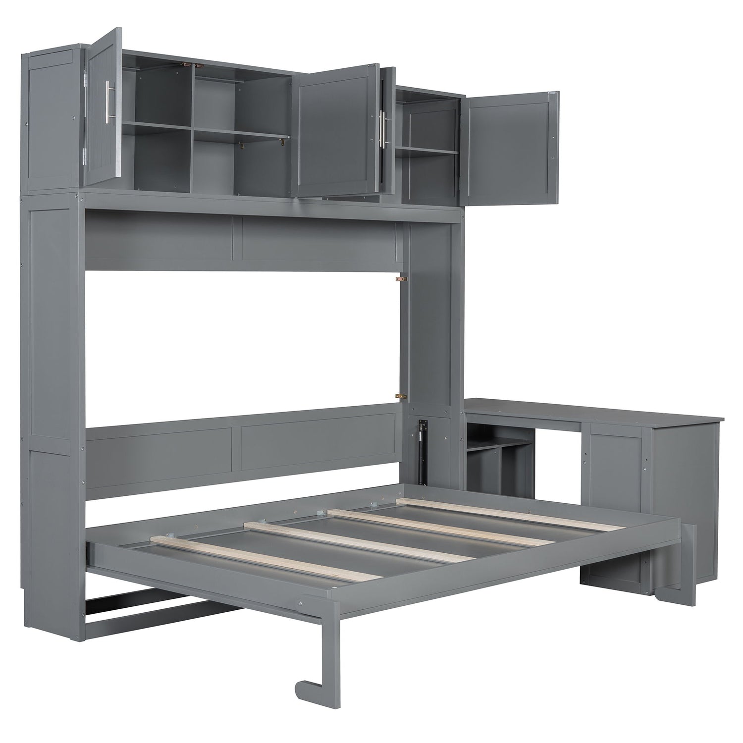 Wall Murphy Bed With Desk And Storage Shelves And Big Cabinets