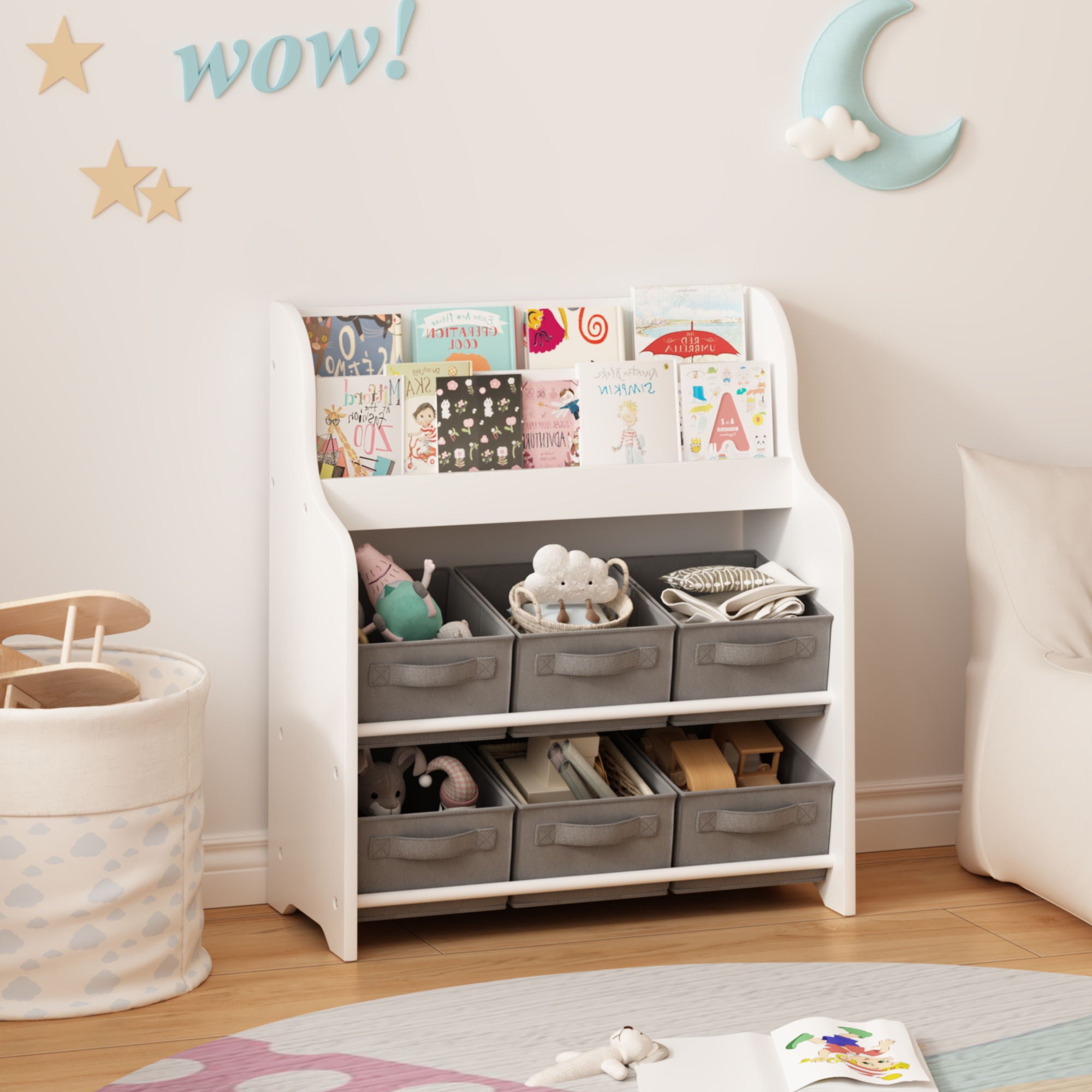 Bookshelf With 6 Storage Bins, Multi Functional Children&