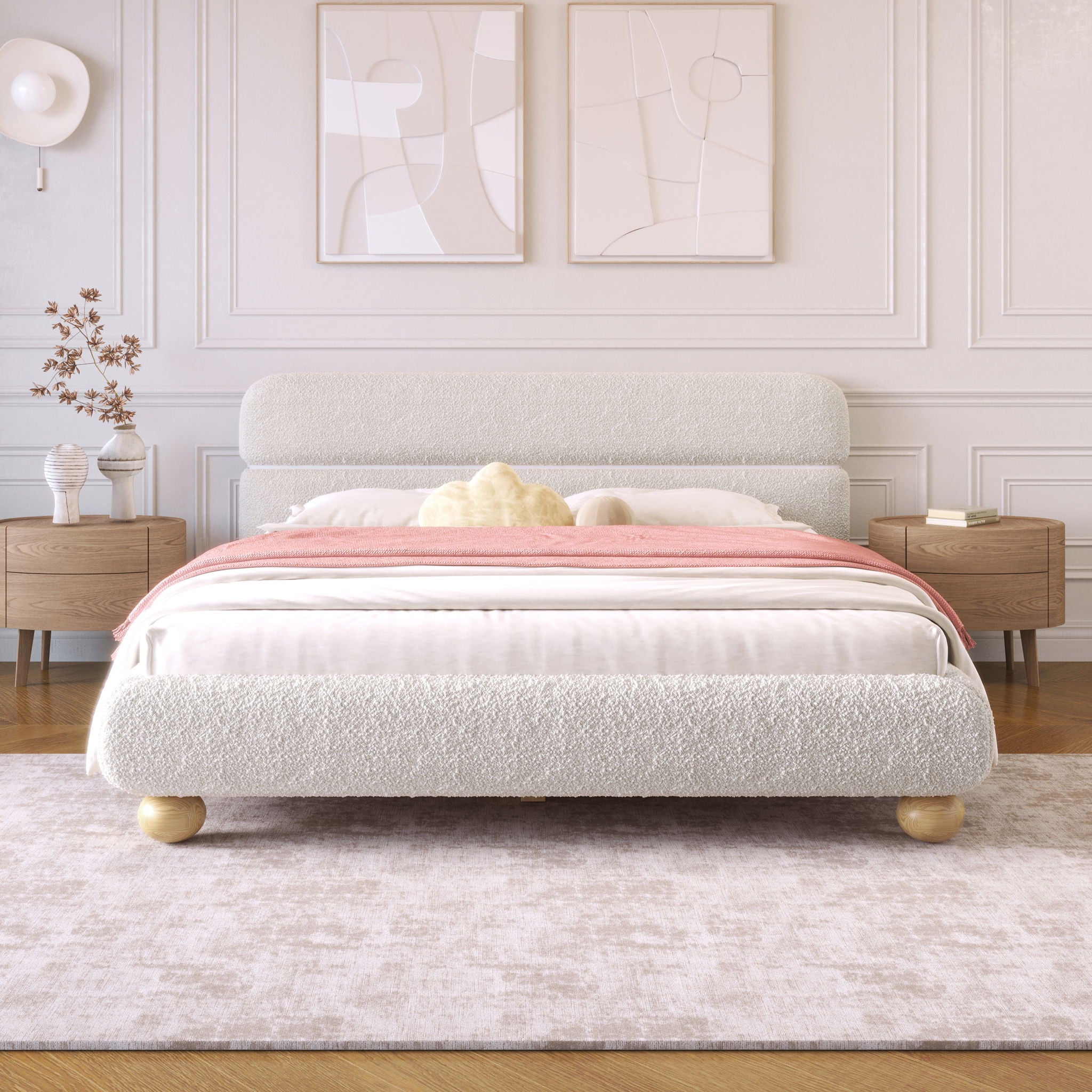 Queen Size Contemporary Low Profile Upholstered Bed With Teddy Fleece Boucle Fabric And Solid Round Legs - White