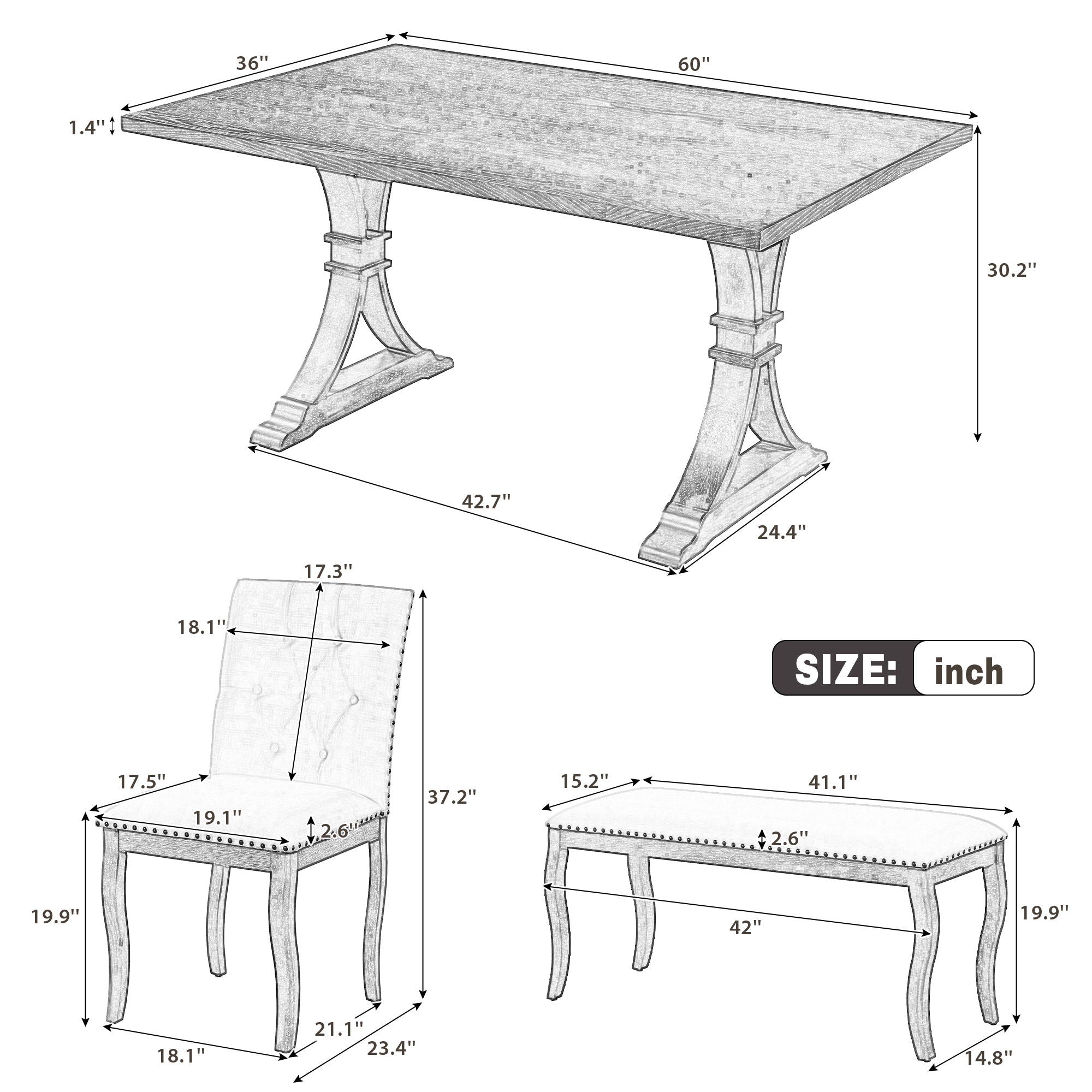 Dining Set With Bench, 6 Piece