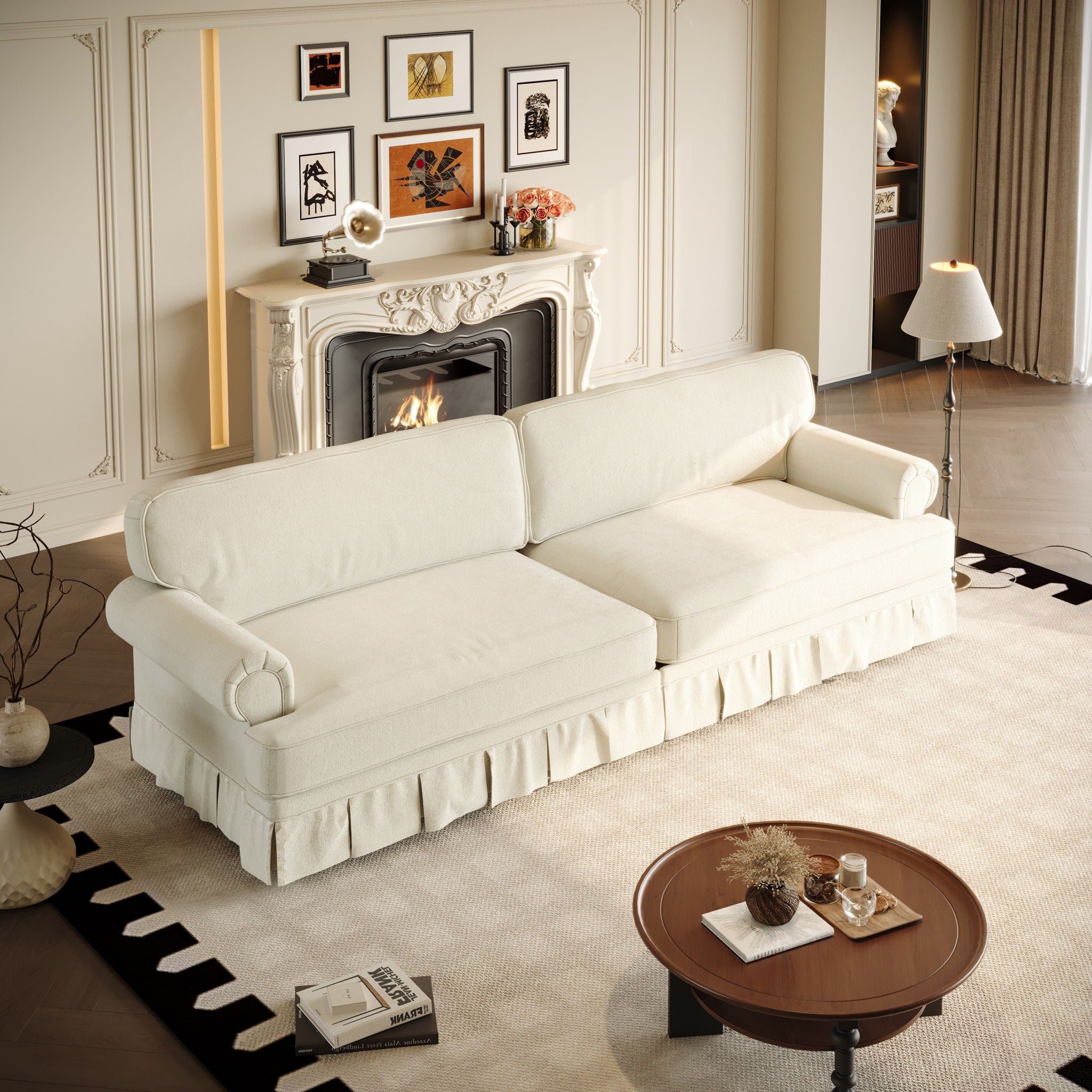 Luxuriously Comfortable Cloud Couch Sofa With Elegant Rolled Arms & Pleated Skirt Design
